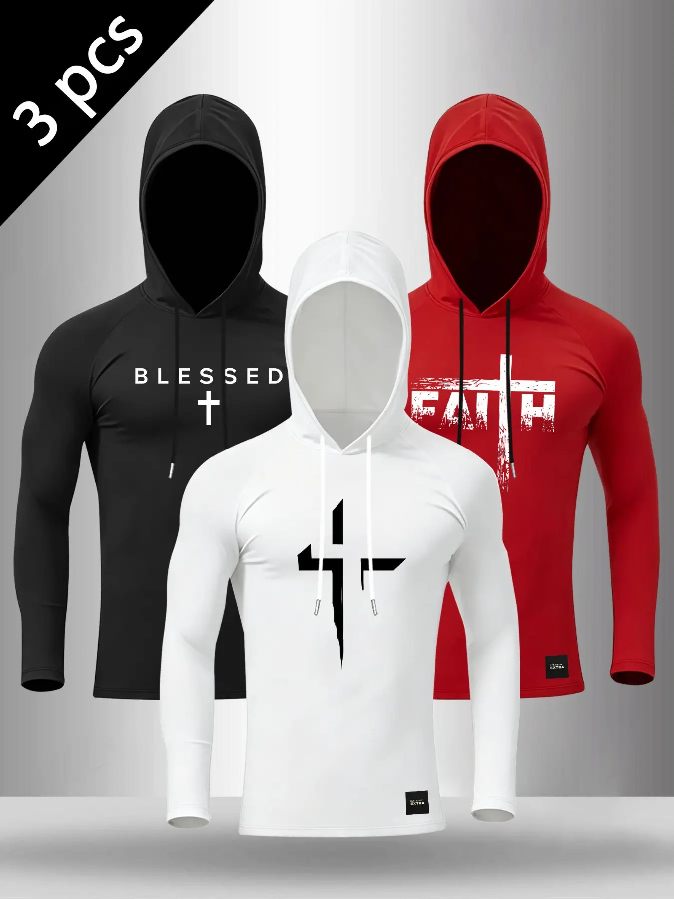 Men's Long Sleeve Hooded Athletic Shirts, Cross & Letter Print Quick‑Dry Sport Tops, Drawstring Hoodie Tees Suitable for Fitness Training, Running and Daily Casual Outfits#AthleticHoodie #SportPrintShirt #FitnessWear #MensActivewear