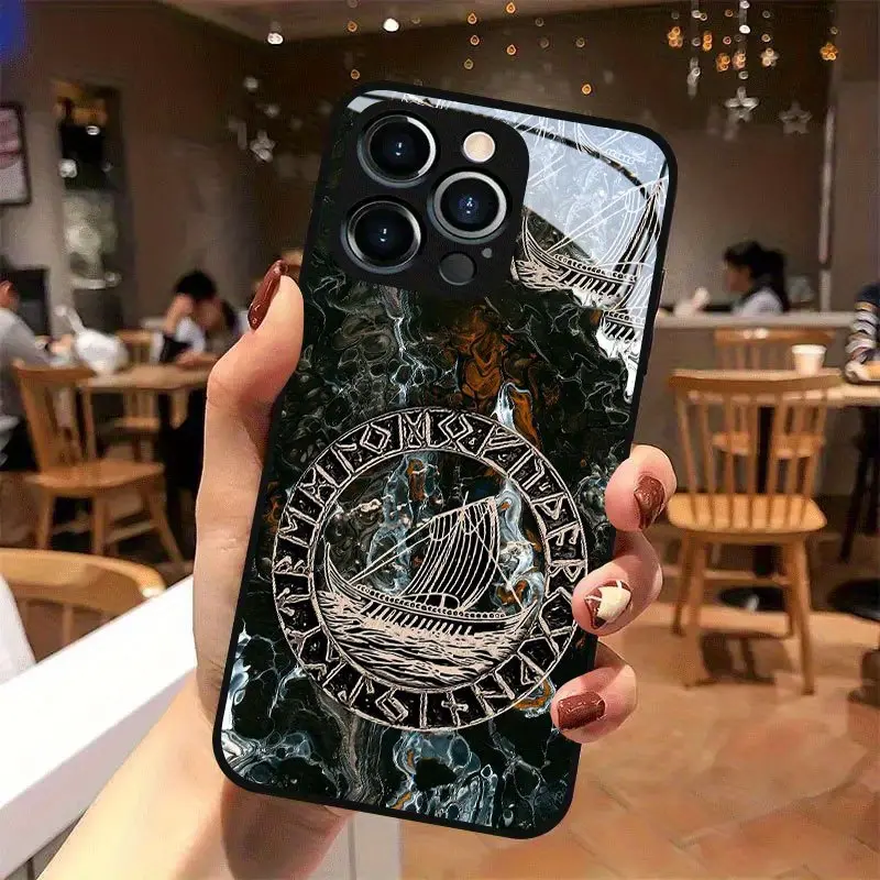 Tempered Glass Phone Case with Viking Ship & Rune Art Pattern - Black, High-End Business Style Protective Cover for iPhone 17 Air, 16, 15 Pro Max, 14 Plus, 13, 12, 11 Smartphones, Men's Mobile Accessory, Iphone 14 Plus