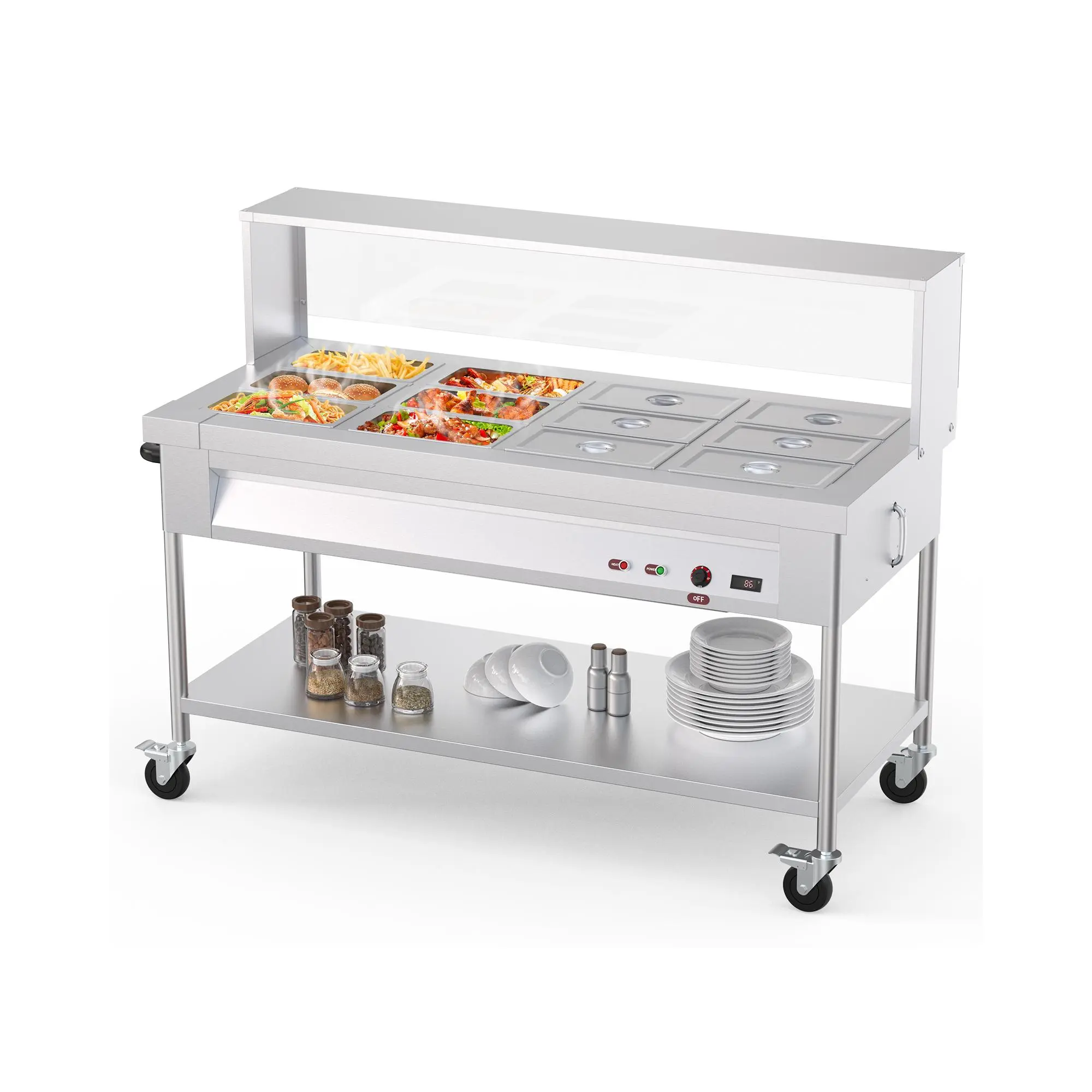 96QT Electric Commercial Food Warmer, 12x8QT Steam Table Stainless Steel Bain Marie w/Acrylic Shield Overshelf Undershelf Temperature Control & Lid for Buffet Party Restaurant,1500W 110V Electric Steam Table with Acrylic Guard
