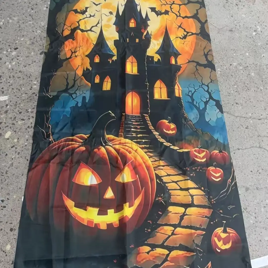 1 piece, made of polyester material, Halloween door frame banner - eerie castle, pumpkin lantern and bat design, used for Halloween party decoration, indoor and outdoor hanging decoration for Halloween themed activities, no electricity required. tc