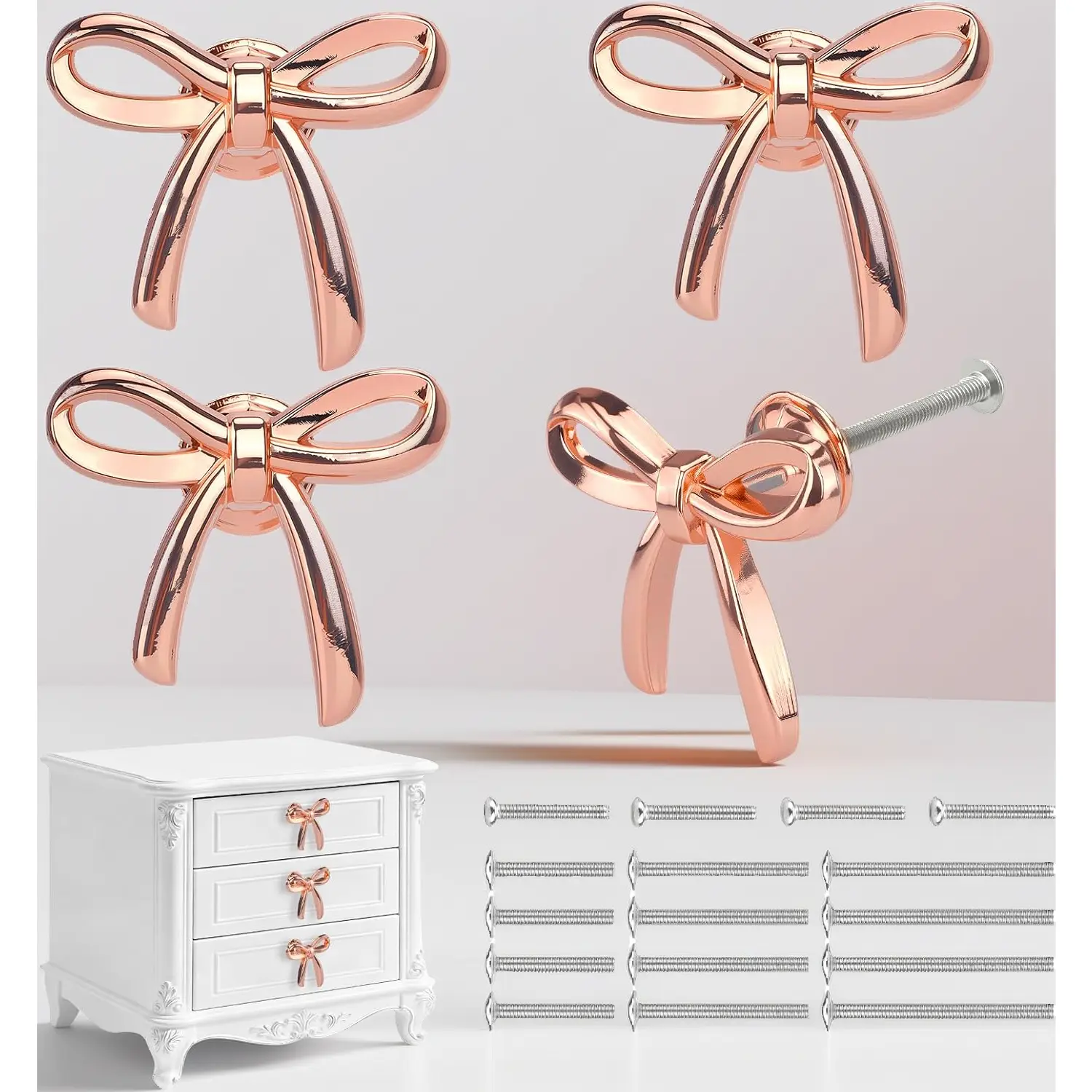 4-Pack Rose Gold Metal Bow Doorknobs - DIY Decorative Hardware Set, Bow Shape Pulls for Wardrobe, Dresser