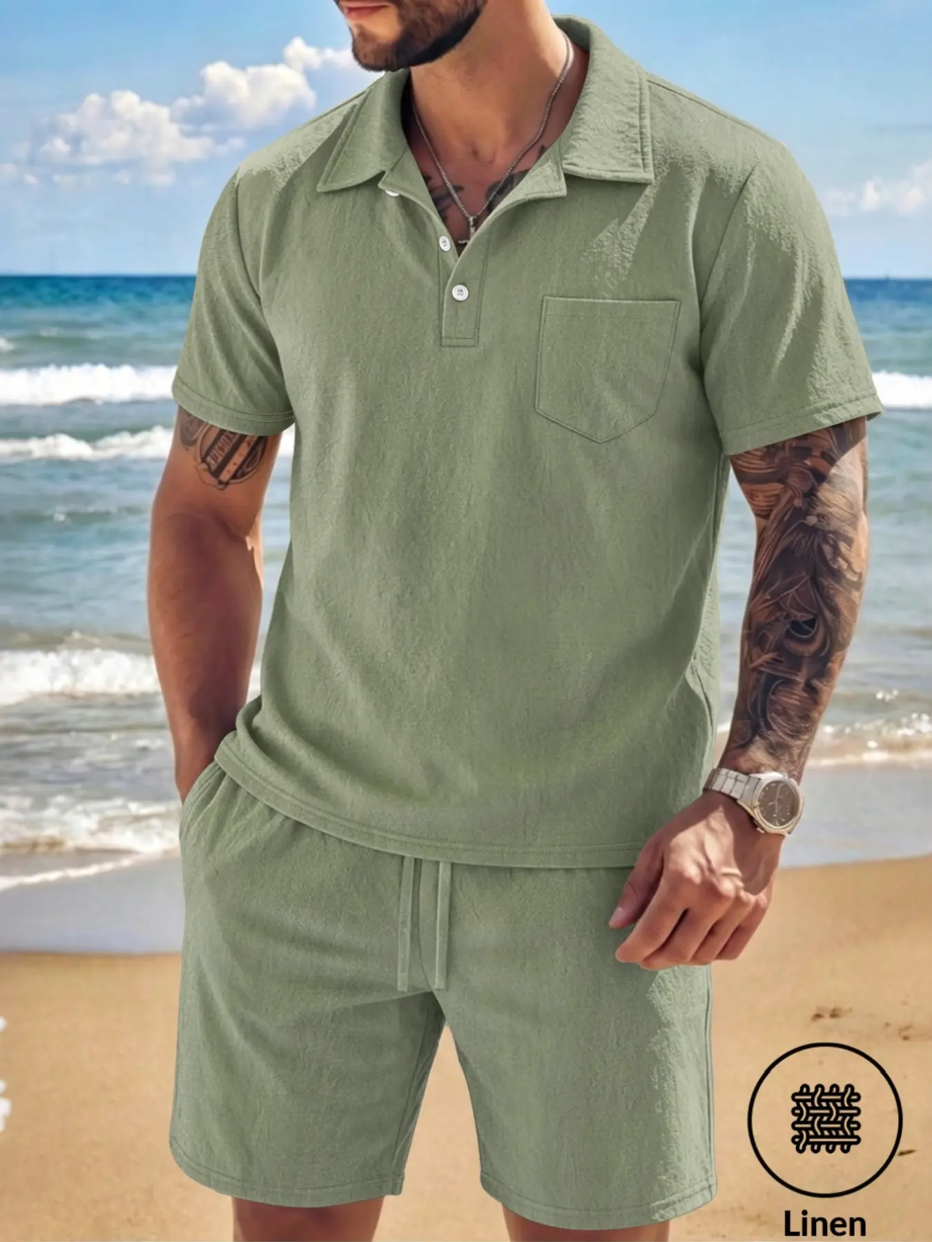 Men's Linen Breathable 2-Piece Set Outfit, Solid Color Collar Three-Button Pocket Polo Shirt + Elastic Waist Drawstring Straight Shorts, Summer Casual