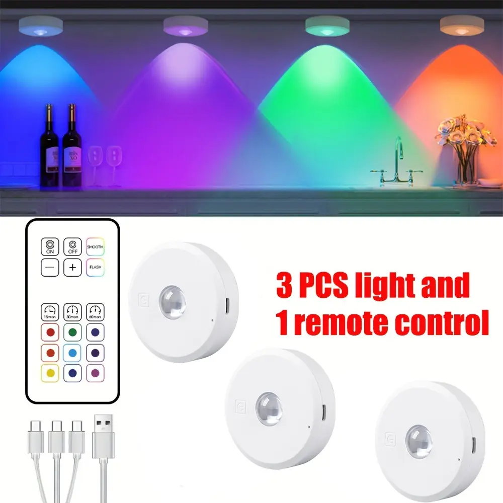 1 Remote Control 3 Lights Set, USB Rechargeable RGB LED Strip Light, Adjustable Brightness, 12 Color Modes, Timer Function, Home & Office Decor