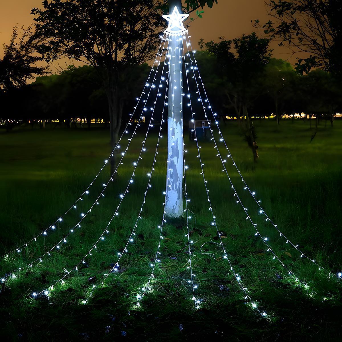 1 Solar Christmas Decorative Star Waterfall Tree Light with 8 Modes, Perfect for Outdoor Garden, Yard, and Patio Holiday Decor