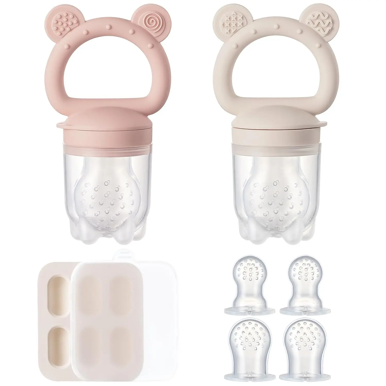 2 Pack Silicone Baby Fruit Feeder with Mini Freezer Tray, Breastmilk Popsicle Molds  Baby Teething Relief, Fresh Food Feeder  Safe Infant Self Feeding, Extra Food Pouches - Pink