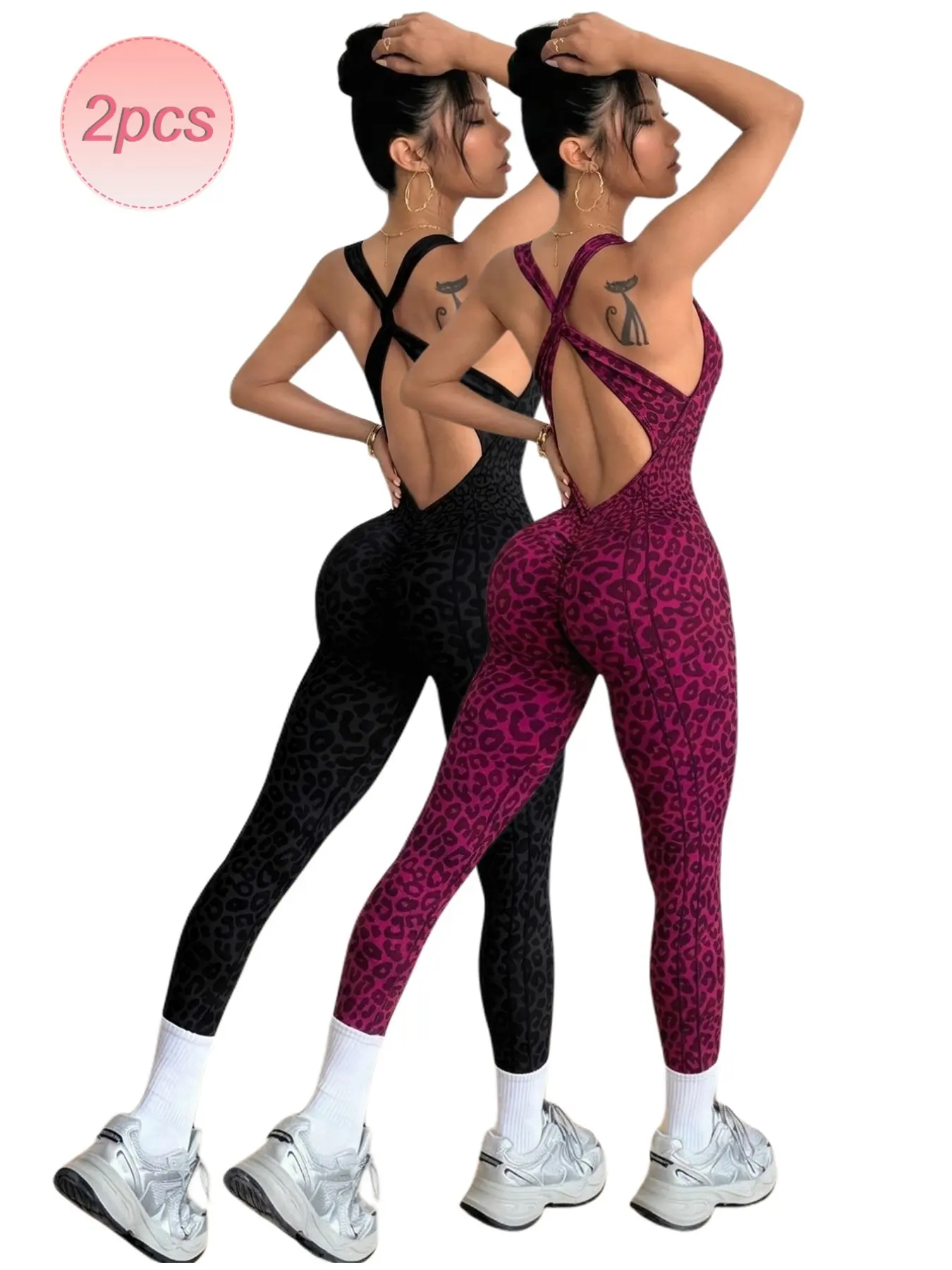 Women's Leopard Print Yoga Set, High Waist Cross Back Sports Bra & Leggings, Summer Workout, Slimming & Butt Lifting, Gym Yoga Outfits, High Elastic Activewear, Gym Workout Sportswear