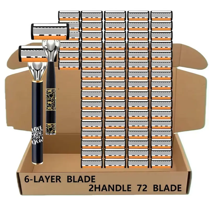 Men's Six-Layer Safety Razor Set, Includes 72 Replacement Blades, Two Handles, Gentle on Sensitive Skin, Easy Shave for Thick Beard, Shaving Products