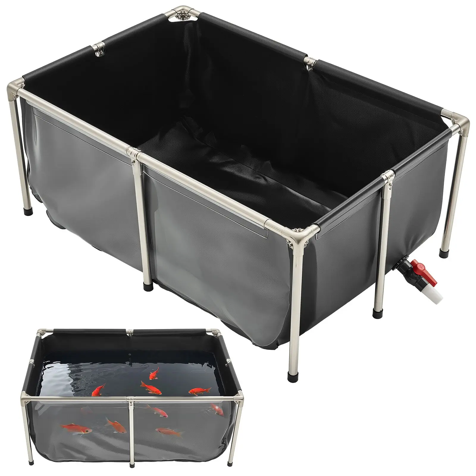 【Summerfinds】VEVOR Large (50-180 Gal) Canvas Above Ground Pool Fish Pond, 126.8 Gal Single Unit Rectangular PVC Tank, Stainless Steel Frame, Drain Valve, for Koi Breeding, Irrigation (Black)