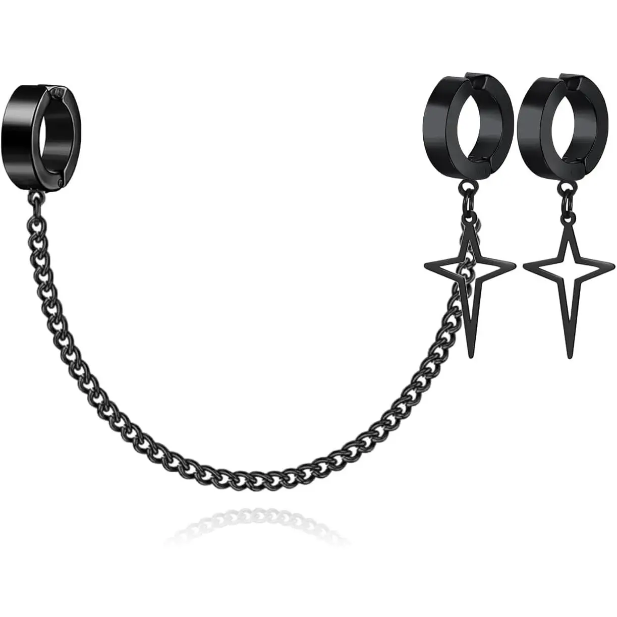 Unisex Gothic Kpop Emo Black Stainless Steel Feather Circle Hoop Earrings with Spike, Tassel, Chain Drop Dangles for Baby Costume Jewelry Gifting