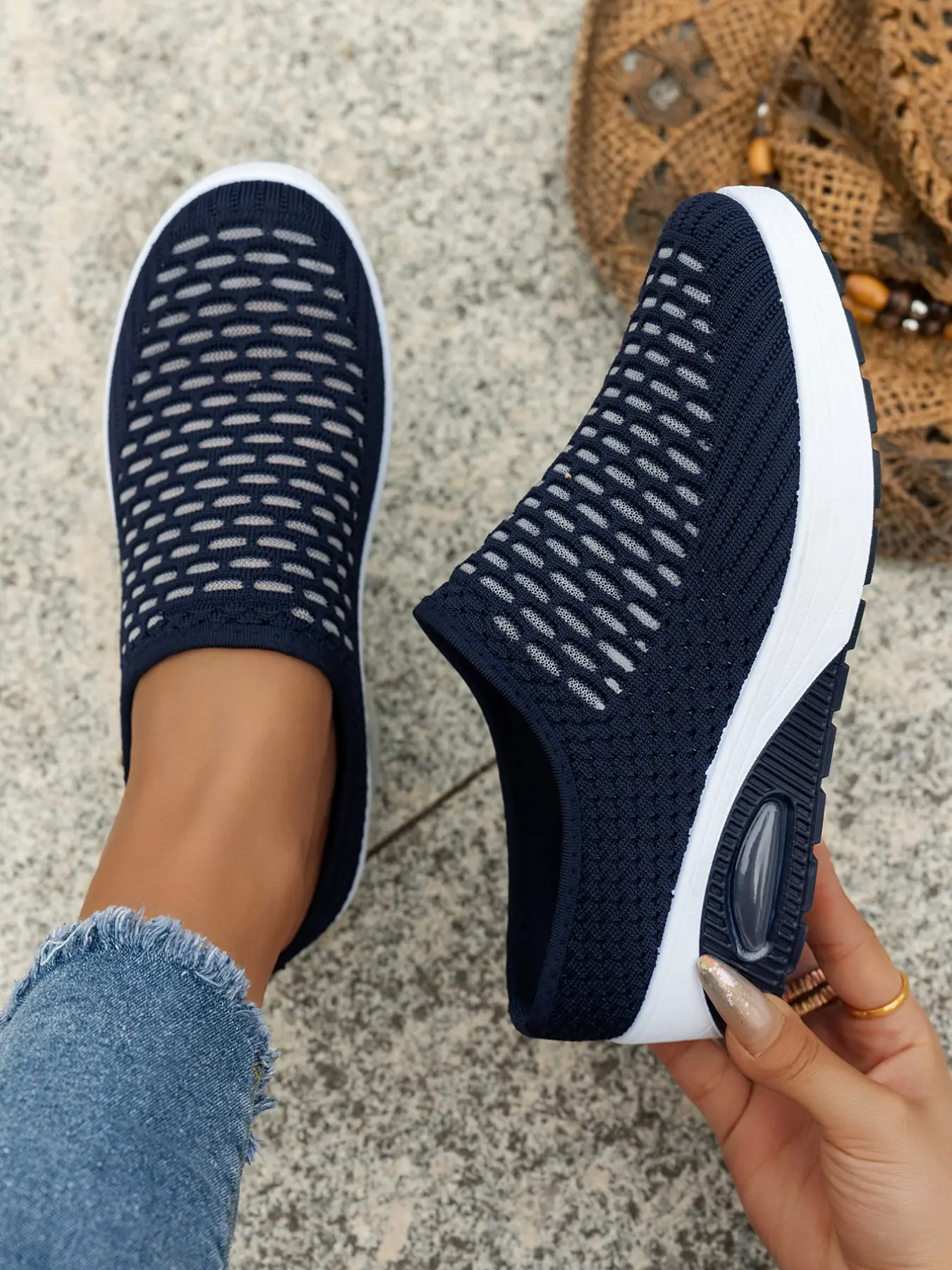 Women's Hollow Grid Knit Backless Wedge Mule Sneakers, Slip On Mules Closed Toe Casual Walking Shoes Clogs with Cutout Knit Mesh Uppers and Two-Tone Wedge Outsoles for Daily Errands, Outdoor Leisure and Everyday Casual Outfits