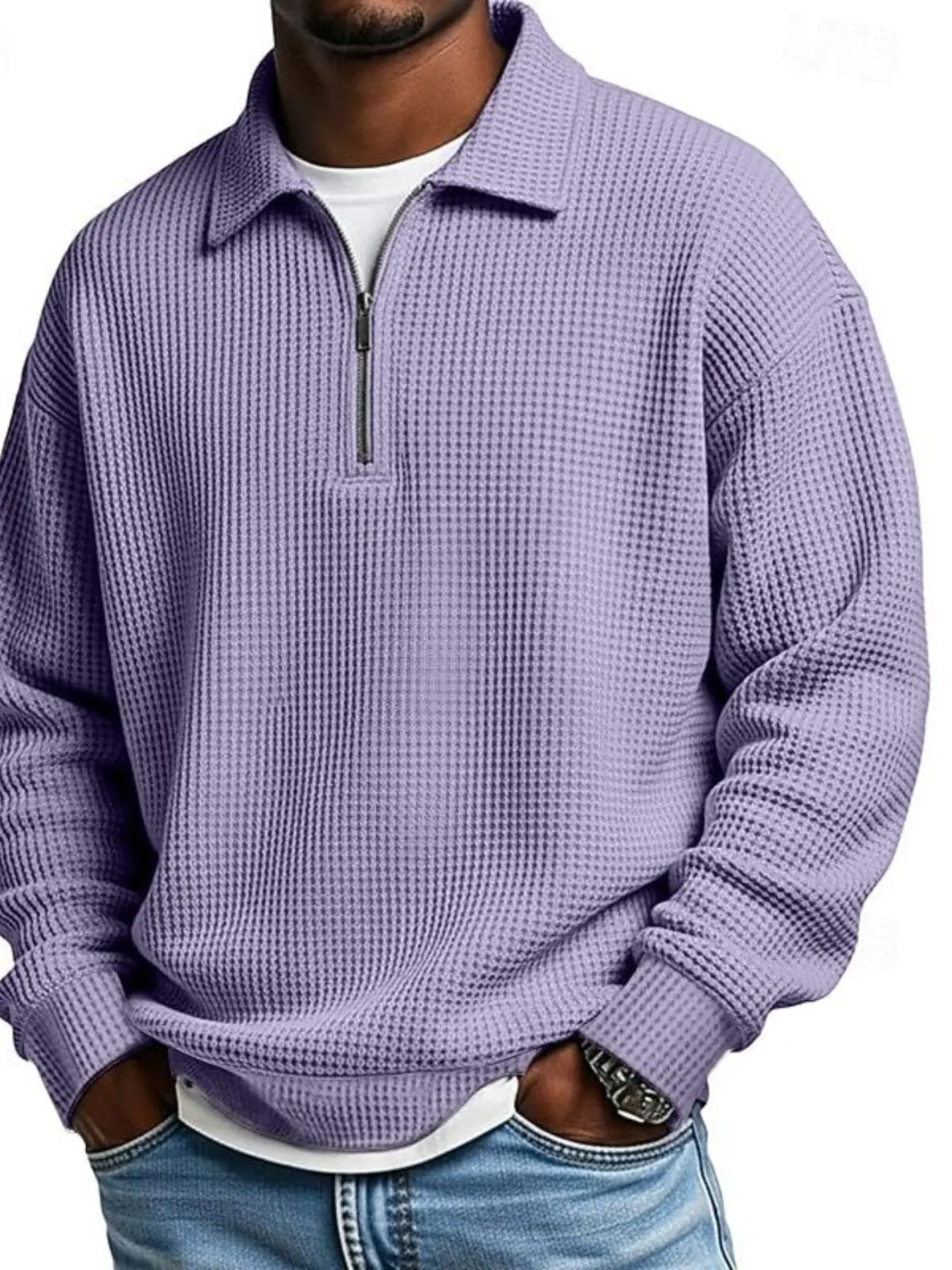 Men Waffle Knit Quarter Zip Sweatshirt, Lapel Polo Collar, Long Sleeve, Loose Fit, Casual Daily Top, Fall & Winter Fashion