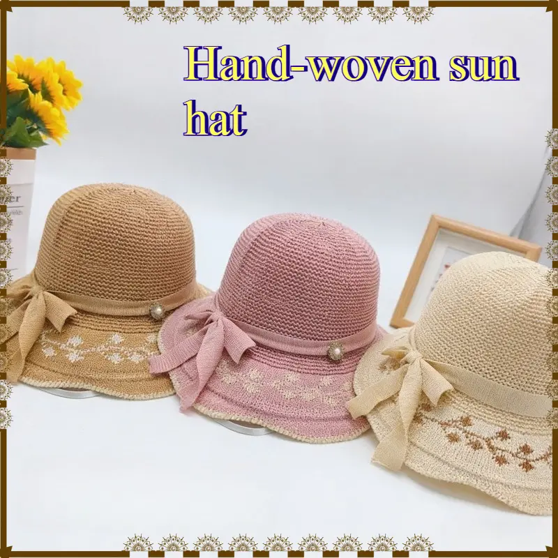 Unisex Wide Brim Straw Hat, Hand Woven Sun Protection Beach Hat with Cotton Bow for Summer Travel, Sun Protection Hat, Soft Cotton