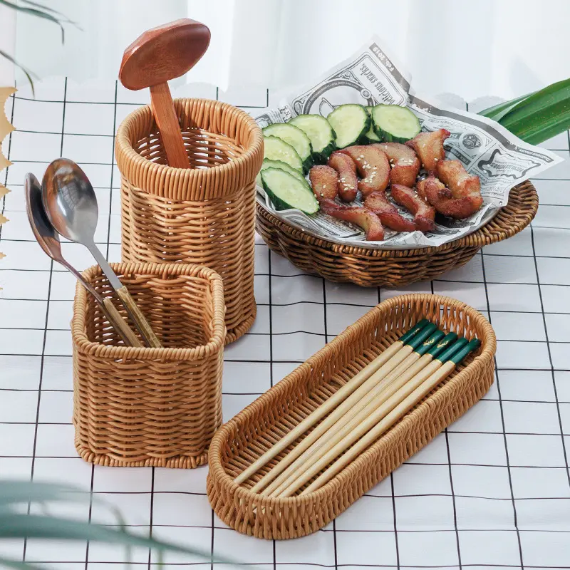 Imitation rattan knife, fork, and spoon storage box for commercial use in Western restaurants, hand-woven rectangular kitchen storage rack with drainage basket