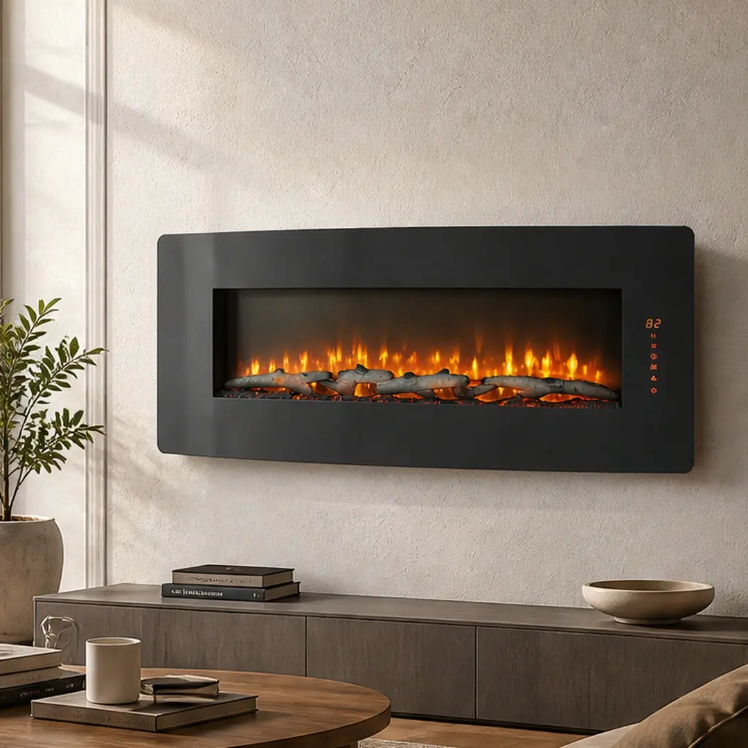 48-Inch Curved Front Wall-Mounted Electric Fireplace - Antique Black Glass+Metal Indoor Furniture, 1400W Heat, 5000 BTU, 400 Sq Ft Coverage, 11 Temp Settings, Multi-Colors Flame & Ember Bed, Remote, Timer, Vent Free, CSA/UL Certified