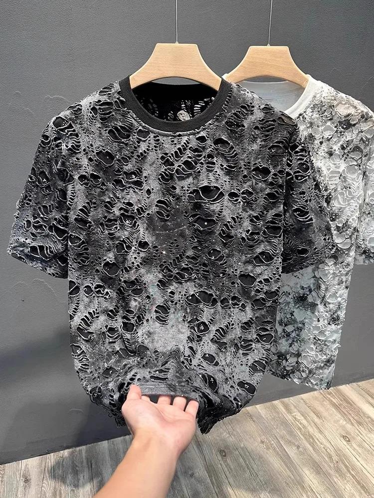 Summer 2026 Trendy Brand Men's T-shirt Loose Casual All-Match Tie-Dye Hole Design round Neck Short Sleeve Breathable