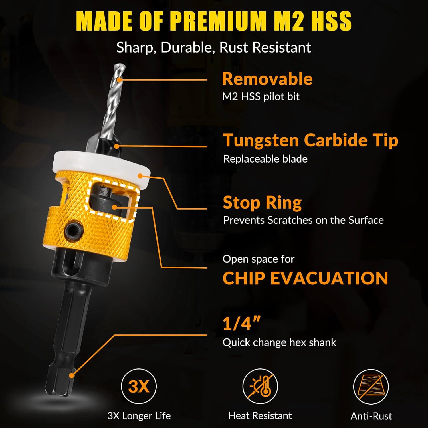 5 count Countersink Drill Bit Set, Low Friction Depth Stop, 1/8 9/64" 5/32" Drill + 3/8" 82? Counter-Bore, 11/64" 3/16" Drill + 1/2" 82? Counter-Bore, 1/4" Hex Shank, for Woodworking, with Storage Box