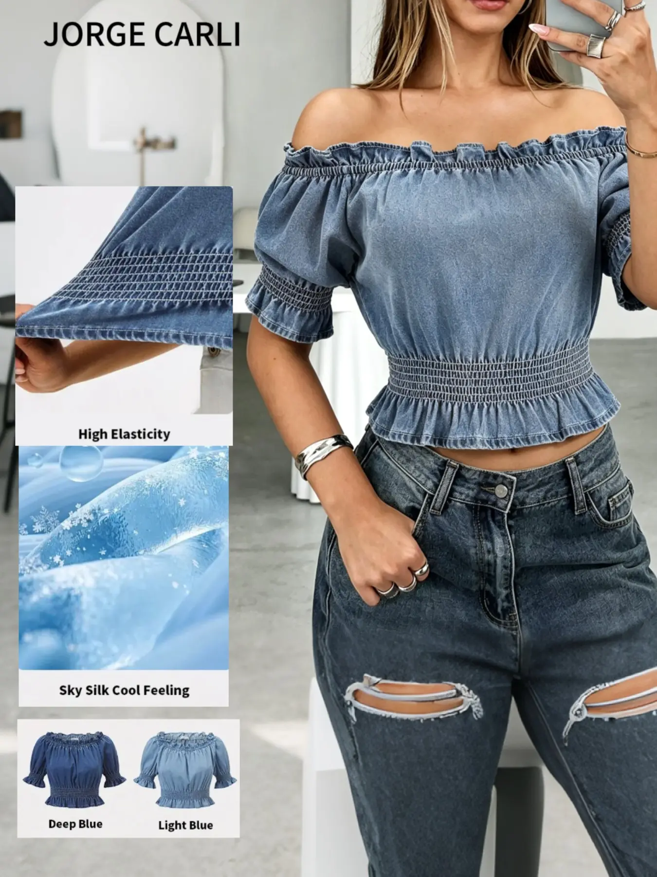 JORGE CARLI  Women's Thin Lightweight French Denim One-Shoulder Short Boho Ruffles Blouse Top, Fashionable and Versatile, Perfect for Casual Wear, Stylish and Comfortable Shirts