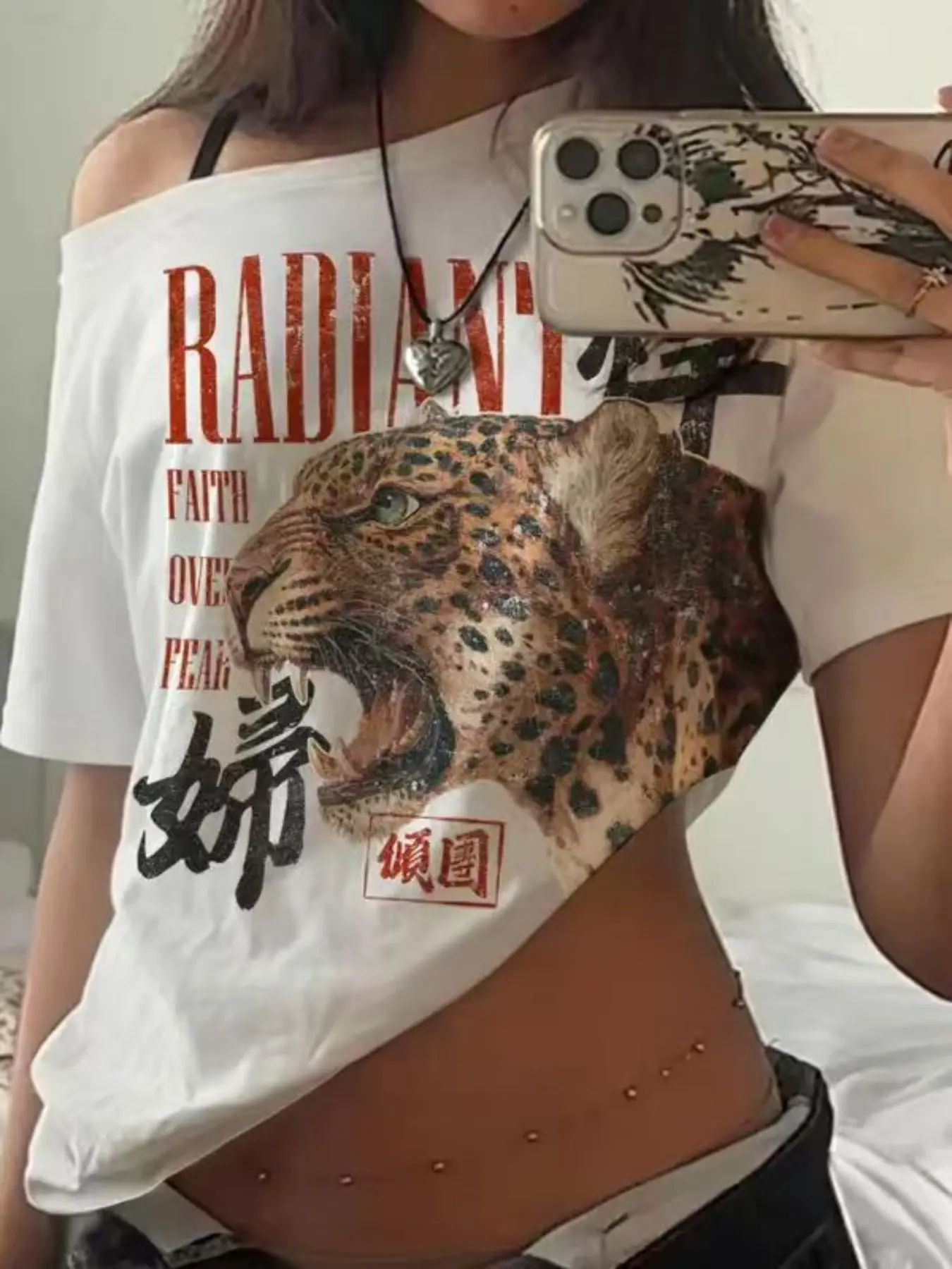 American Vintage Leopard Print Asymmetrical Sleeve T-Shirt, Cool Streetwear Top, Breathable Fabric, Spring Summer Fashion