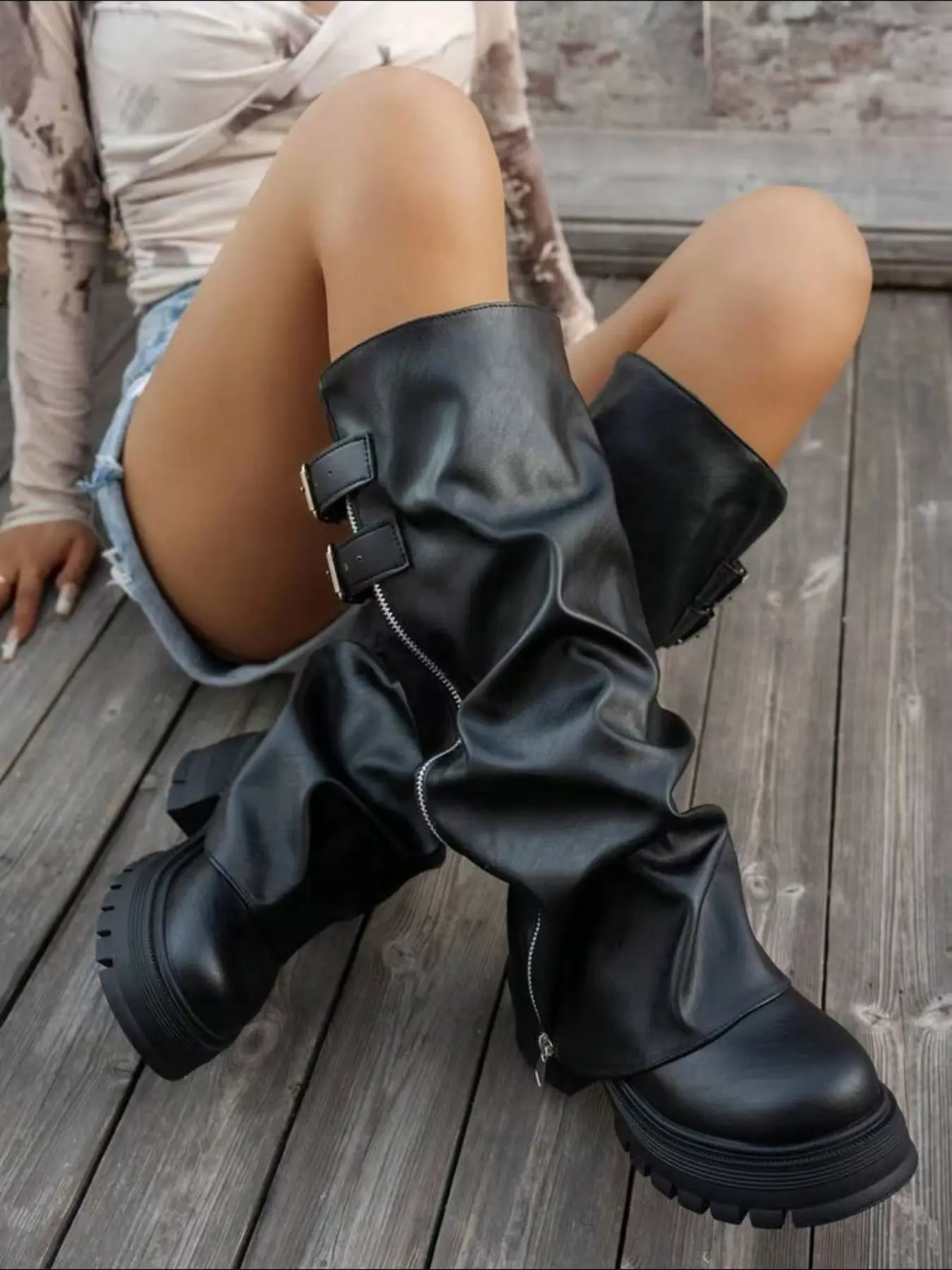 New Women's PU Leather Round Toe Chunky Heel Boots with Zipper, Waterproof Platform Thick Sole, Side Zipper & Buckle Design, Fall Winter Fashion