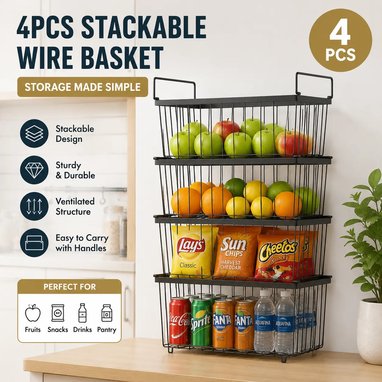 Freezer Organizer Bins 4/6 Pack Small Stackable for 7 Cu.Ft Freezers Easy Access to Bottom Foods Black