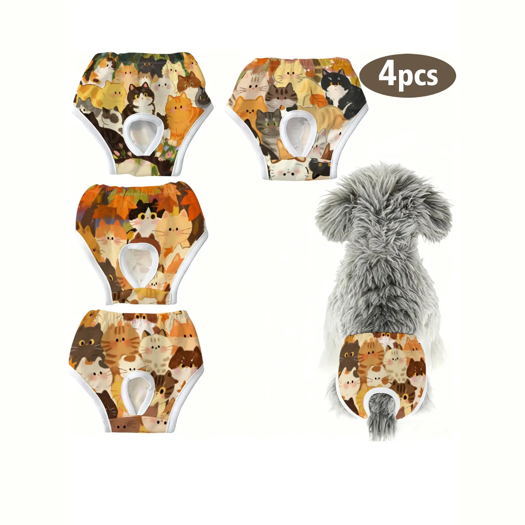 4-Pack Cute Pet Dog Cat Print Panties, Hand-Drawn Kitten Design, Anti-Peck Underwear for Small Dogs and Cats, Ideal for Holidays, Home, Travel