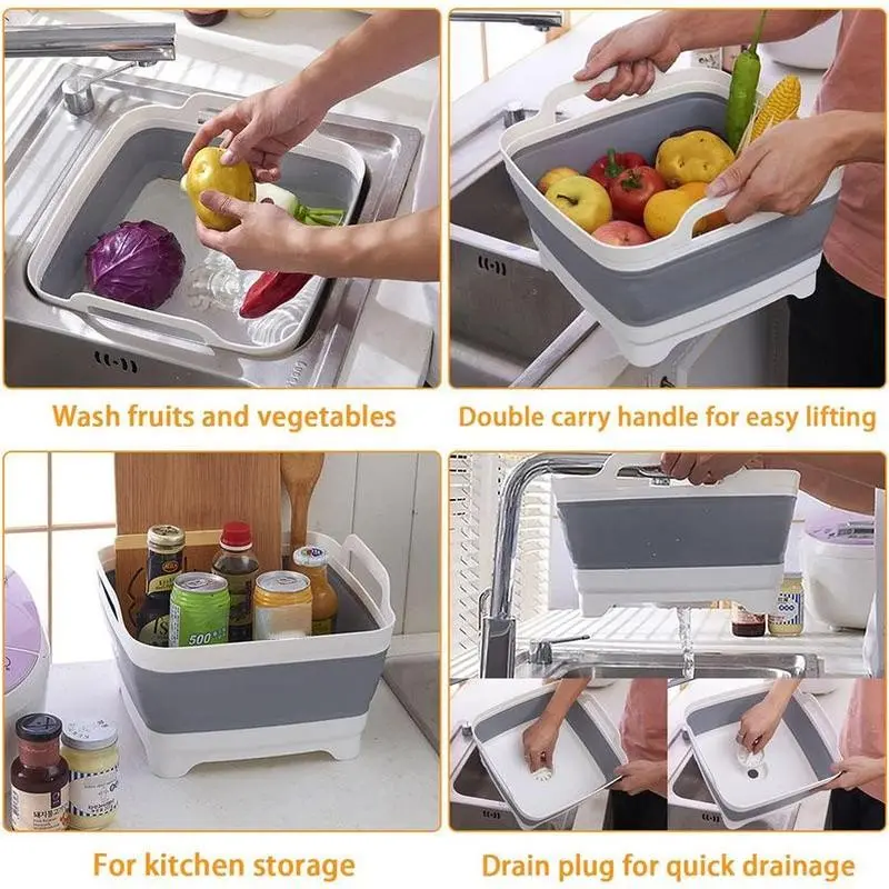 Collapsible Dish Basin with Drain Plug, 9L Space-Saving Dishwashing Tub, Foldable Kitchen Storage Bucket, Indoor/outdoor Use, Home Goods