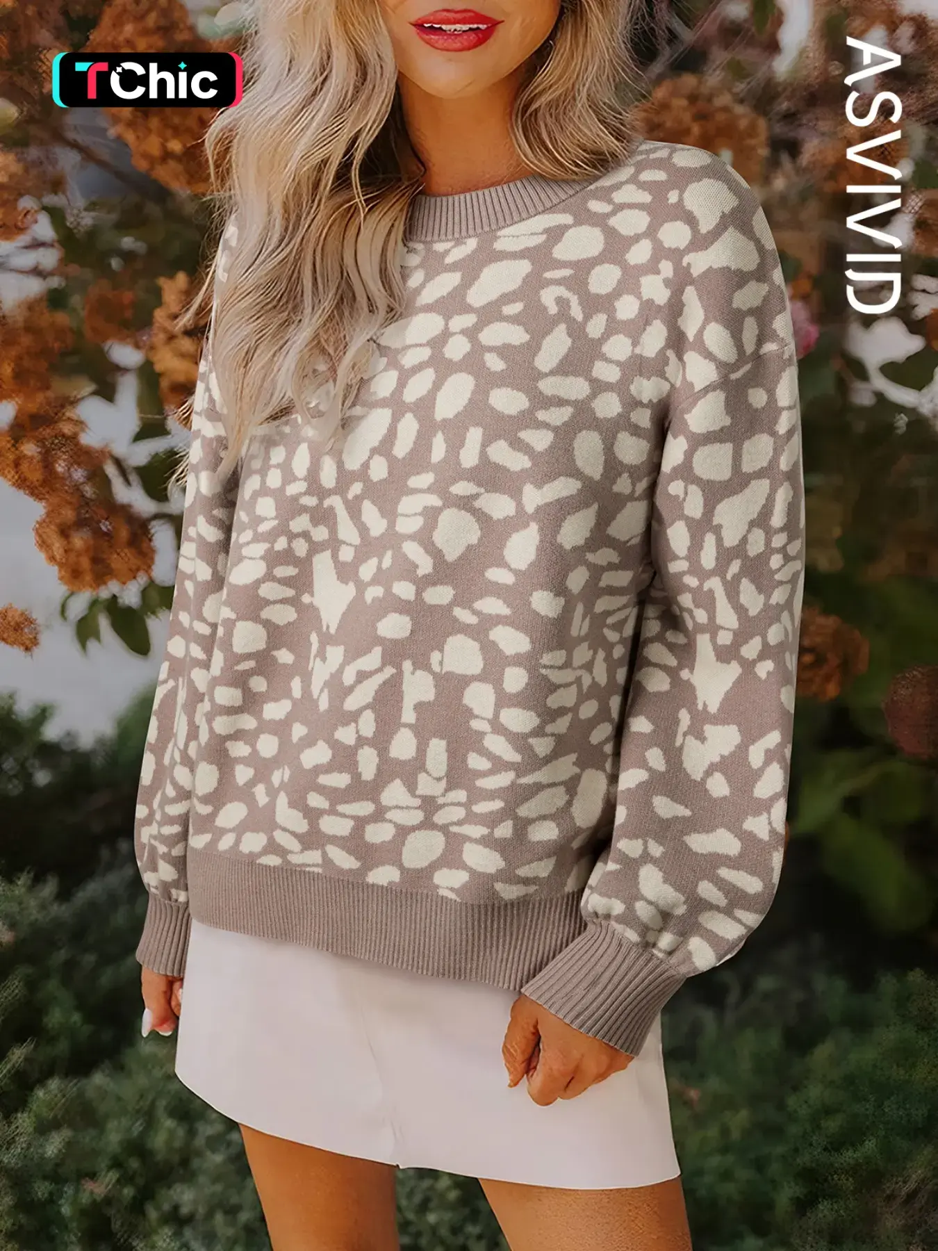 Women's Casual Leopard Spots Pattern Ribbed Trim Drop Shoulder Sweater Knitwear, Stylish Loose-Fitting Pullover for Daily Wear, Comfortable and Trendy