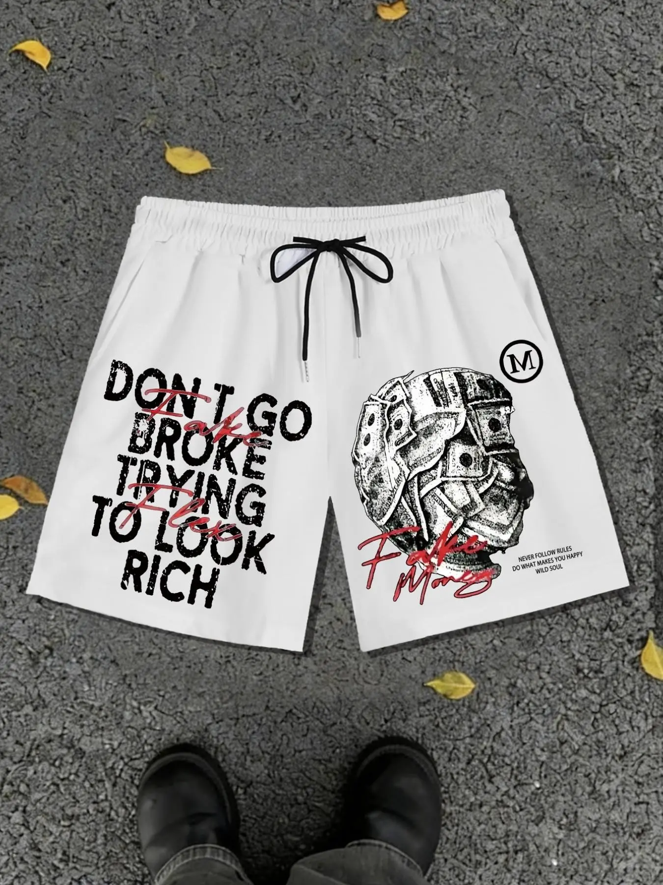 "Don't Go Broke Trying to Look Rich" Graphic Casual Sports Shorts - Men's High Street Summer Wear, Hip-Hop Aesthetic with Money Graphic for Gym & Daily Outfits.