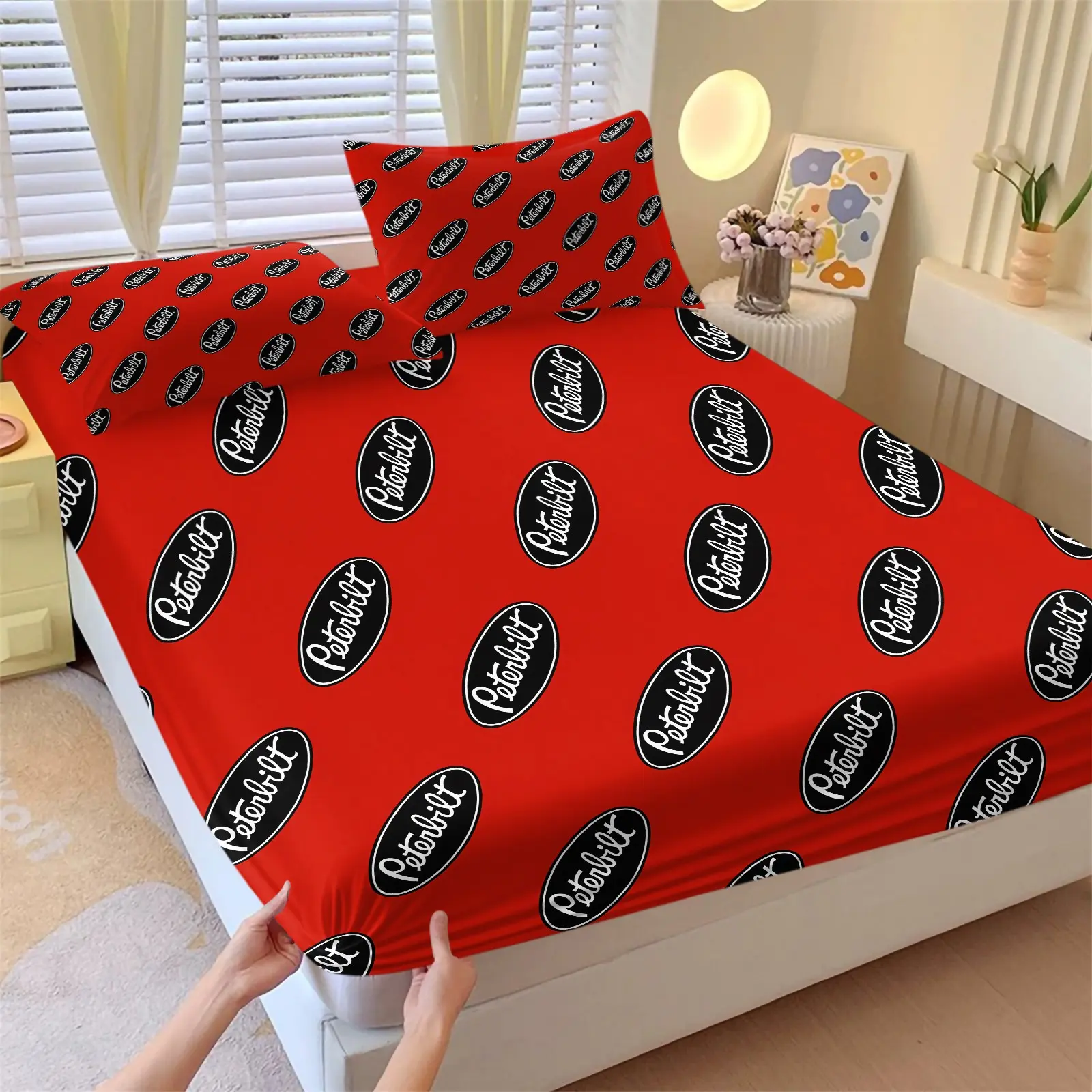 Red Background Letter Print Fitted Bed Sheet Set, Printed Bedding Set, Include 1 Bedspread and 2 Pillowcases without Core, Soft Breathable Skin Friendly All Season Elastic Deep Pocket Mattress Cover, Washable Bedroom Bedcap Decor
