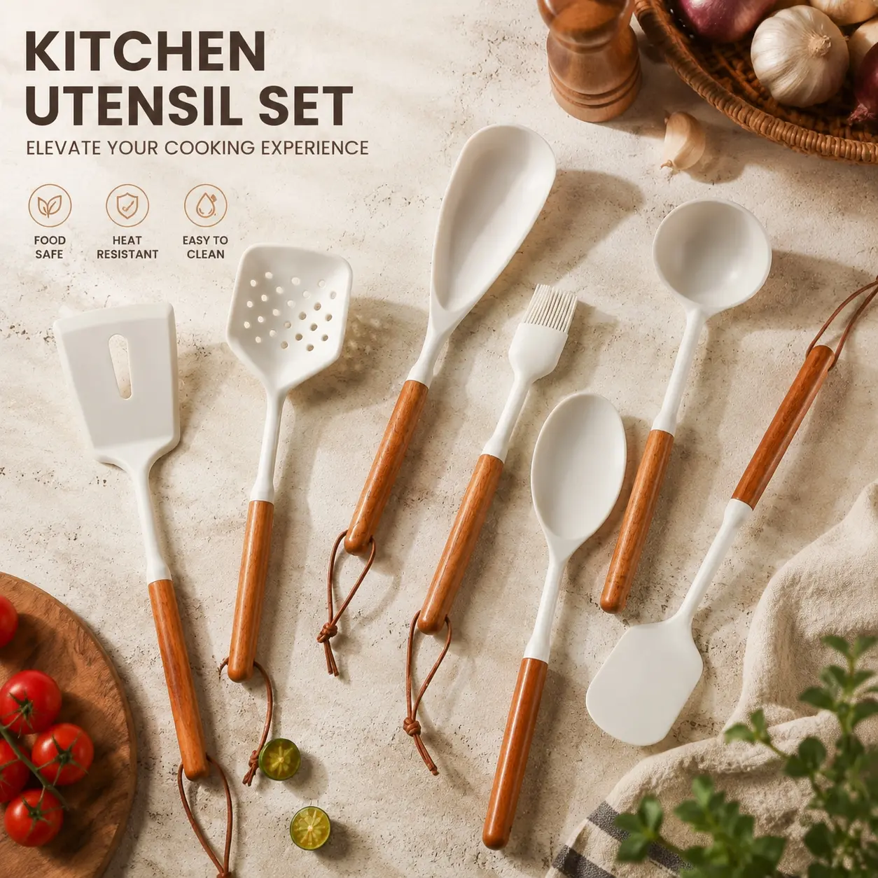Japanese Minimalist Silicone Kitchen Utensil Set with Acacia Wood Handles, Heat‑Resistant Non‑scratch Cookware, Complete Cooking Tool Kit for Home
