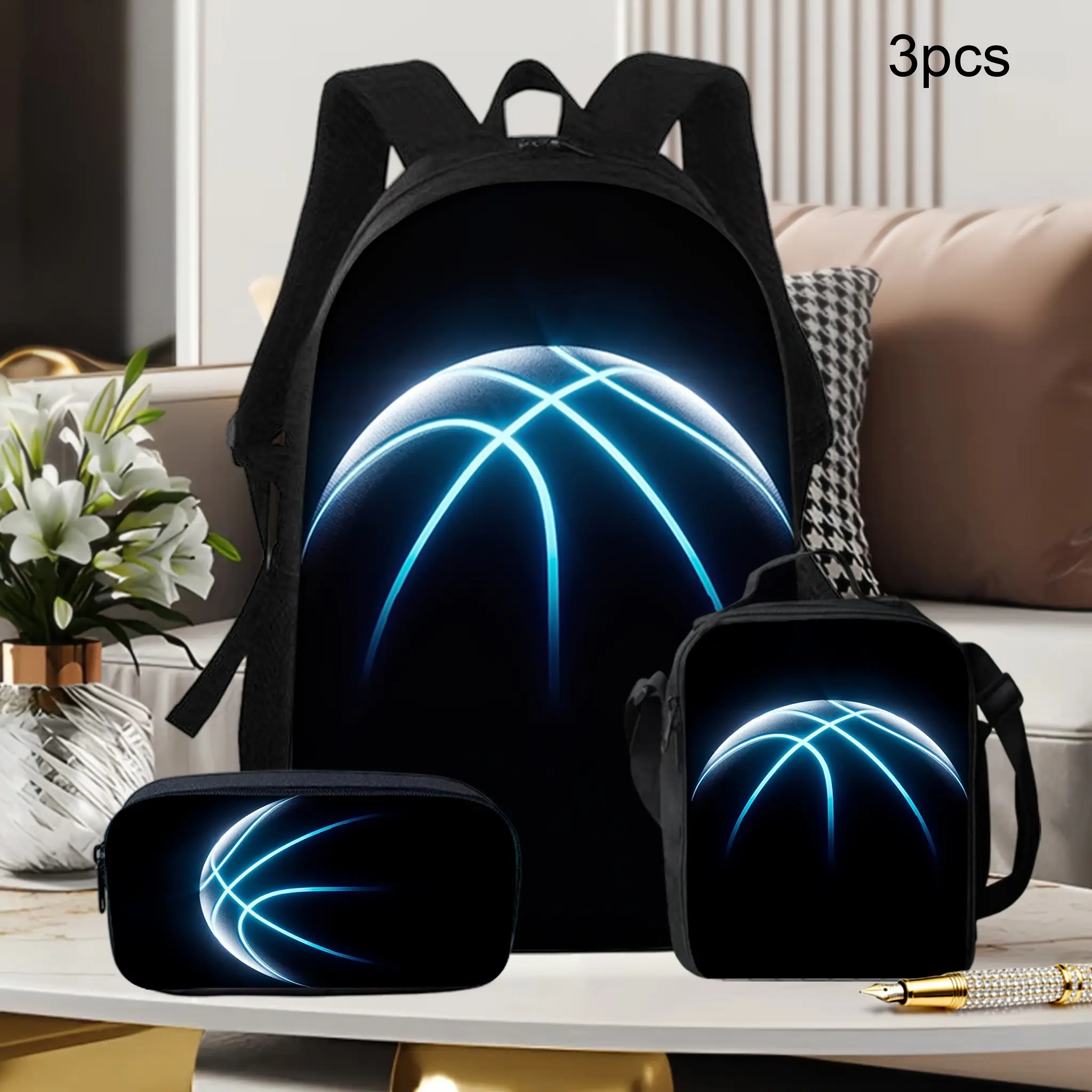 Minimalist Neon Basketball Polyester Backpack 3-Piece Set for Kids/Teens - School/Gym Bundle with Lunch Bag and Pencil Case