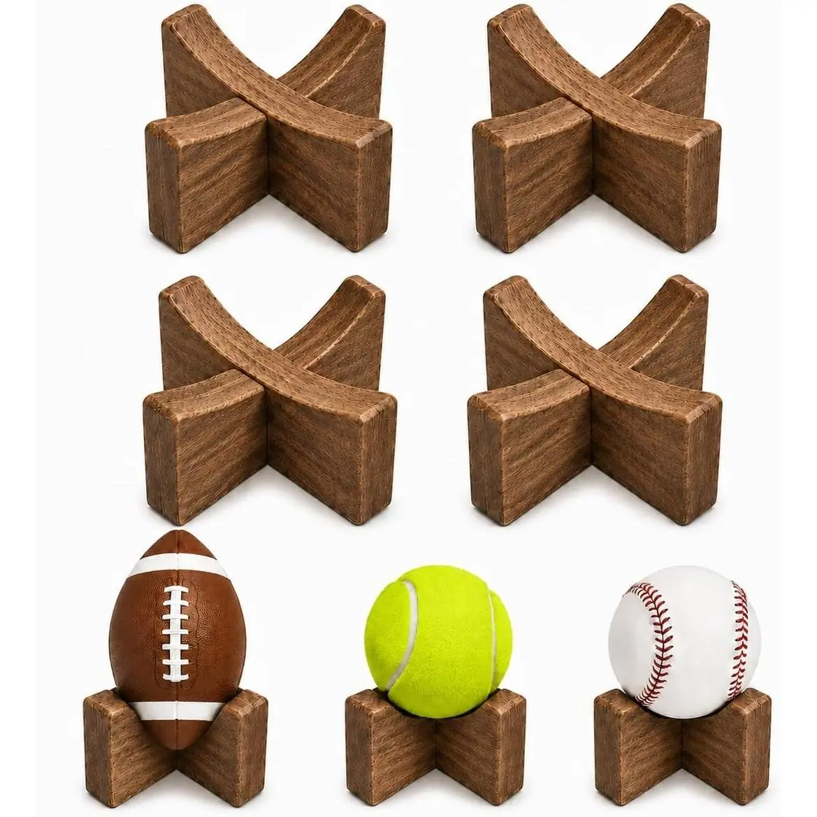 4 Pcs Stable Wooden Ball & Bat Display Stand Holder, Fits Basketball Football Soccer Baseball, Table Centerpiece for Sports Lovers