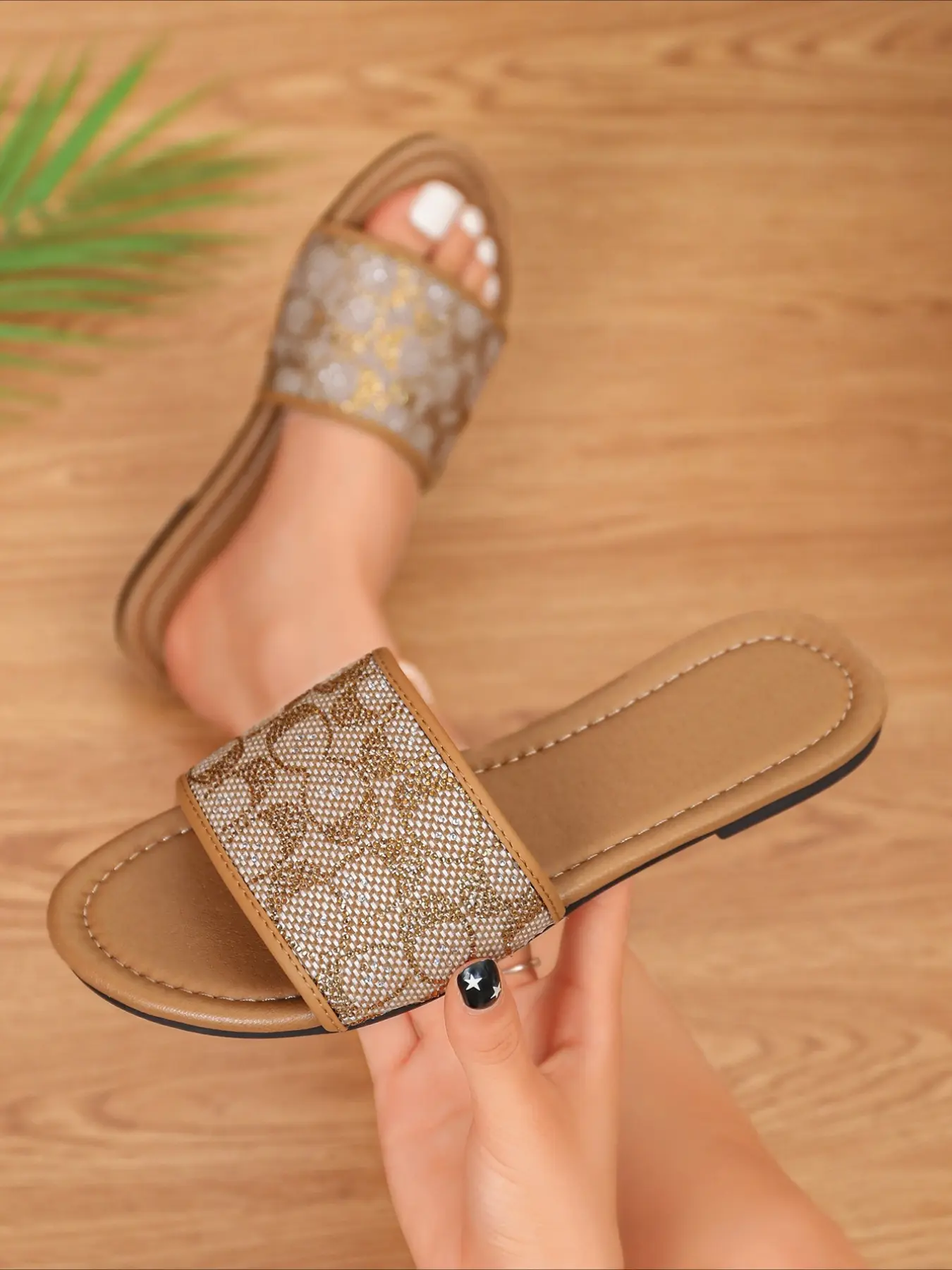 Rhinestone slide sandals with tan trim & flat comfy sole, versatile for daily commuting and holiday matching all outfits easily.