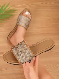 Rhinestone slide sandals with tan trim & flat comfy sole, versatile for daily commuting and holiday matching all outfits easily.
