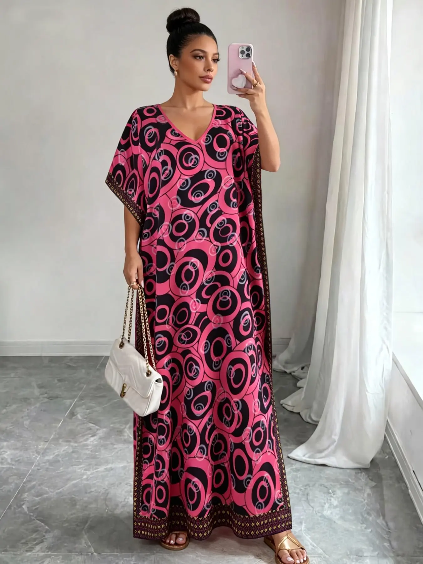 Women's Traditional Muslim Long Dress, Summer Beach Vacation Split Full Print Dress, Modest Summer Outfit, Muslim Dresses, Muslim Outfits, Loose-Fitting, Casual Daily & Travel Wear