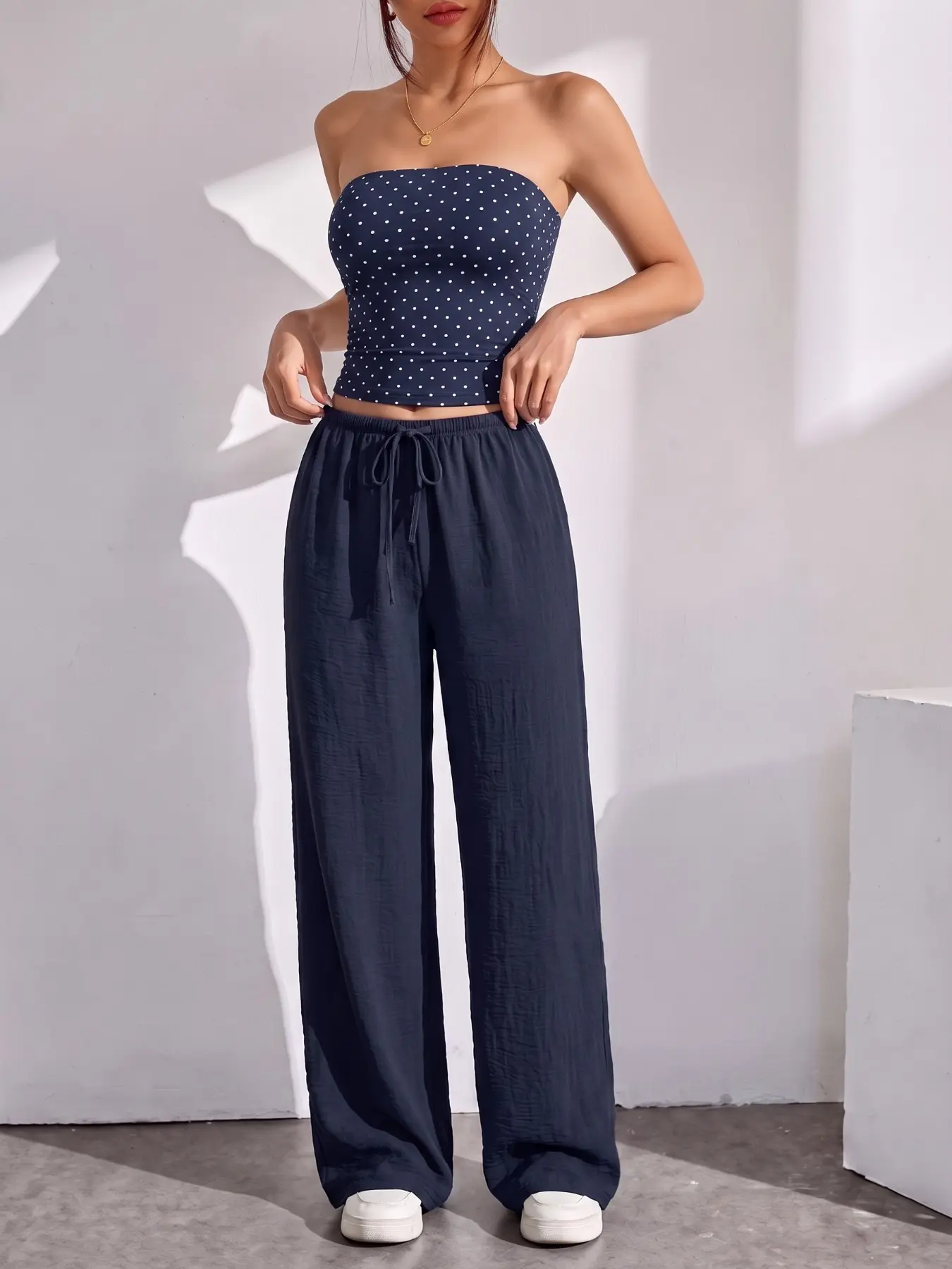 NavyPolkaDotStraplessBandeauCropTopElasticDrawstringHighWaistWideLegPantsTwoPieceMatchingSetSoftBreathableLightweightWovenFabricFigureFlatteringLoungewearTravelBeachVacationDailyStreetDateCasualEverydayOutfitViralTikTokTrendingSummerFashionMatchingSets
