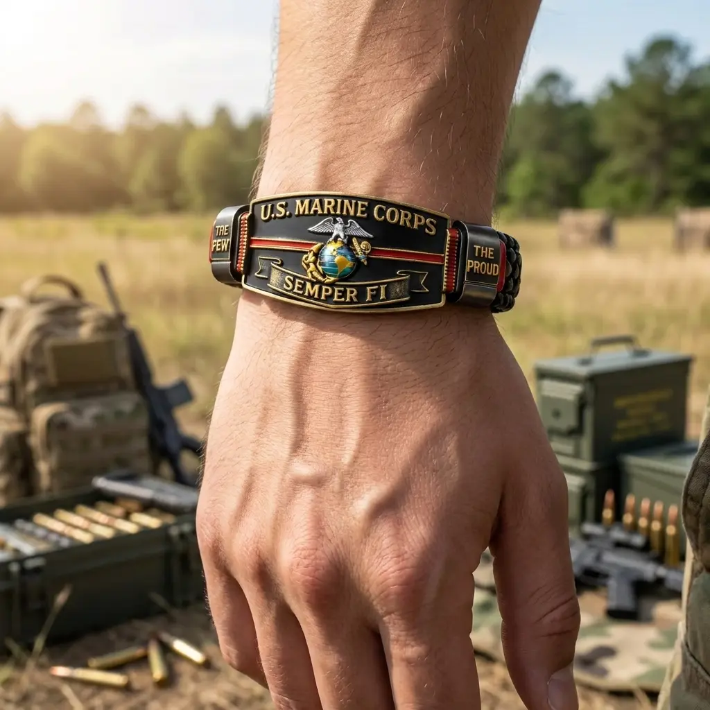 Semper Fi USMC Braided Paracord Bracelet, Engraved Eagle Globe Anchor Military Wristband, The Few The Proud Veteran Gift