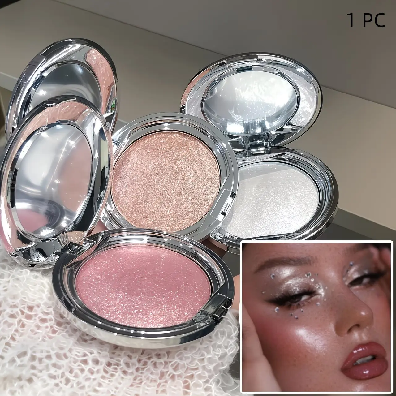 Starlight Crushed Diamond Highlight Powder, Glowy Highlighter, face concealer and contour powder, long-lasting, water-resistant, brightens facial features. Smooth texture can be used as eyeshadow or blush, creating a glossy, dewy diamond highlight