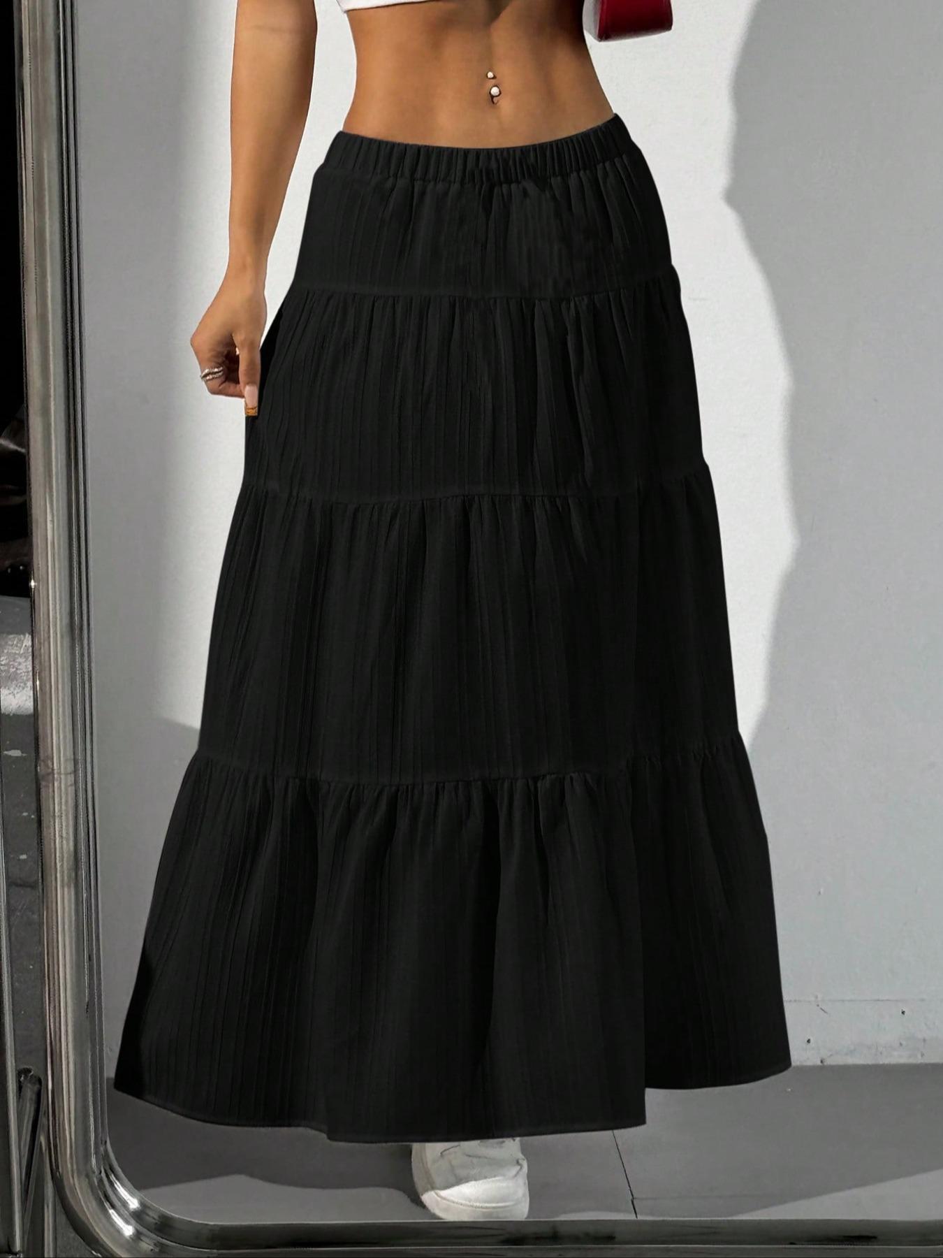 Women's Plain Ruffle Trim Skirt, Casual Fashion Long Skirt for Daily Wear, Ladies Bottoms for All Seasons, Ruffle Hem Skirt