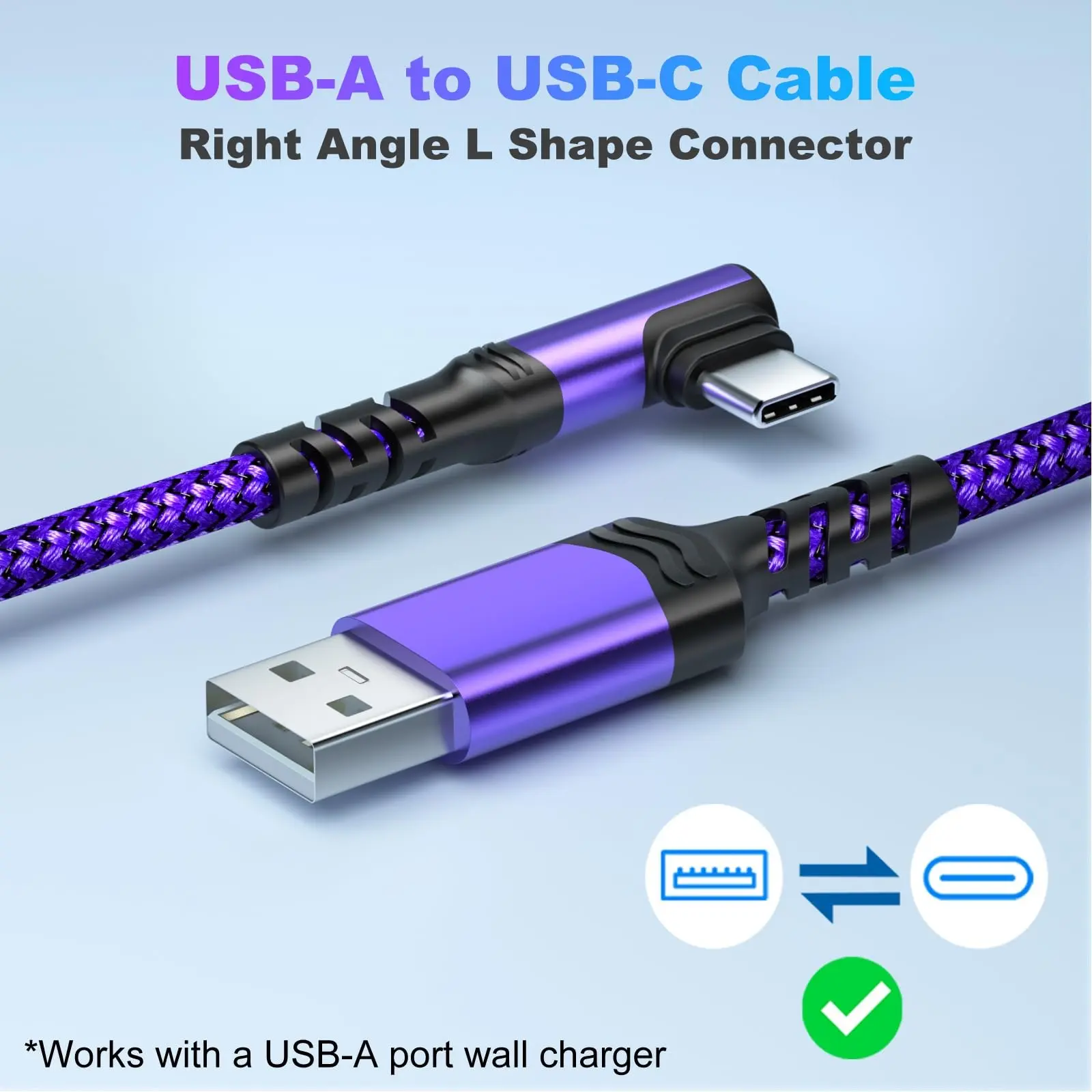 USB C Cable 90 Degree, USB a to USB C Right Angle Nylon Braided Fast Charging Cable, Compatible with iPhone 16 Pro Max, Samsung Galaxy S24 Ultra, iPad Air6