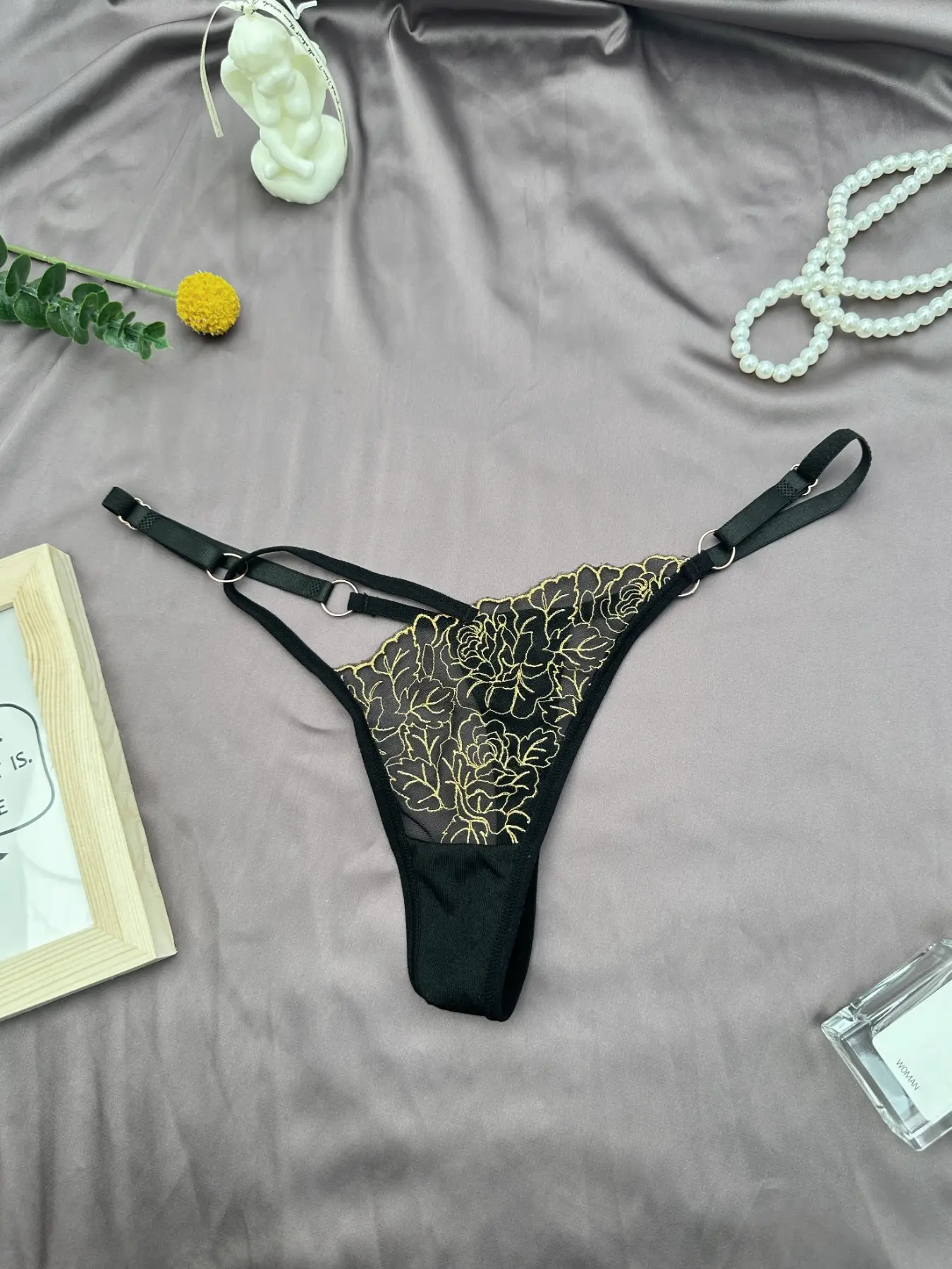 Women's Low Waist Thong Panties with Embroidery Lace Trim, Adjustable Size Metal Chain, Sexy Comfortable Underwear, Soft Female Lingerie