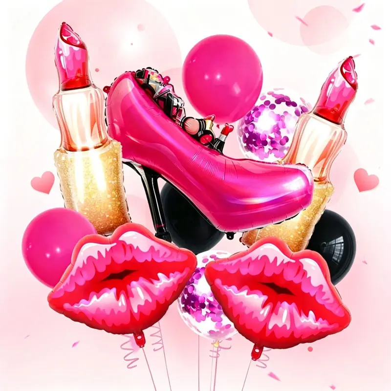 13-Piece Beauty Theme Balloon Set, Balloon Decorations, Lip Shape Foil Balloons, Lipstick, Barbie High Heel Balloons, Latex & Glitter Balloons, Bride Balloons Bachelorette, For women's coming-of-age celebrations, bachelorette parties