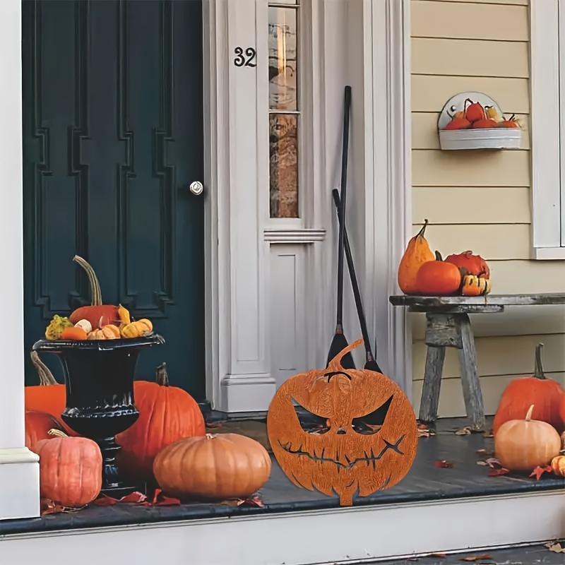 4 Vintage Metal Halloween Pumpkin Garden Plaques, Festive Jack Lantern Courtyard Signs, Outdoor Fall Art Statues for Garden, Lawn, Patio Decor