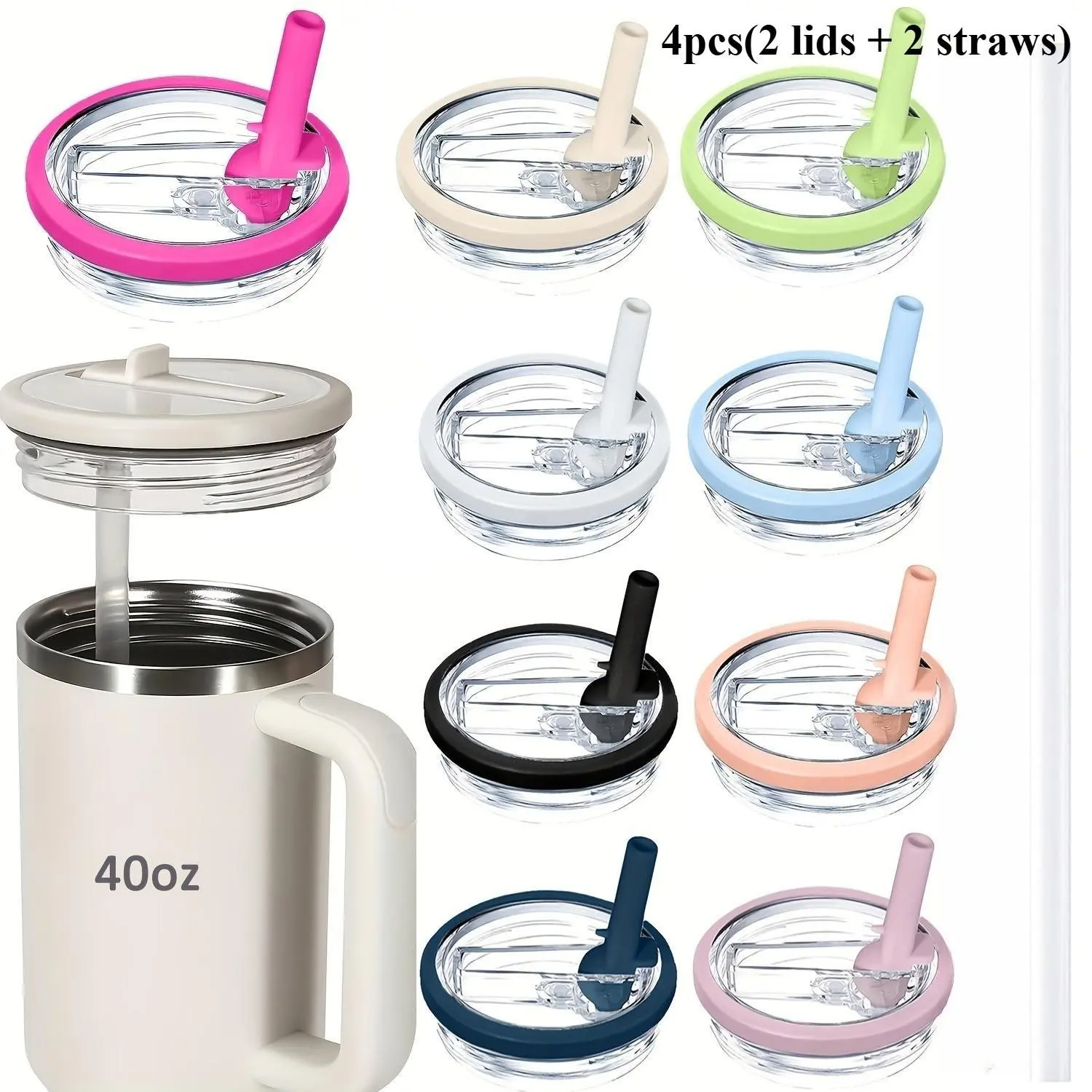 4Pcs Foldable Tumbler Replacement Lids Accessories for 40oz Cups, 2 Flip Straw Lids + 2 Straws, Leakproof Dustproof Spill Stopper with Portable Handle, Compatible Stanley Cup Car Travel Tumbler Cover
