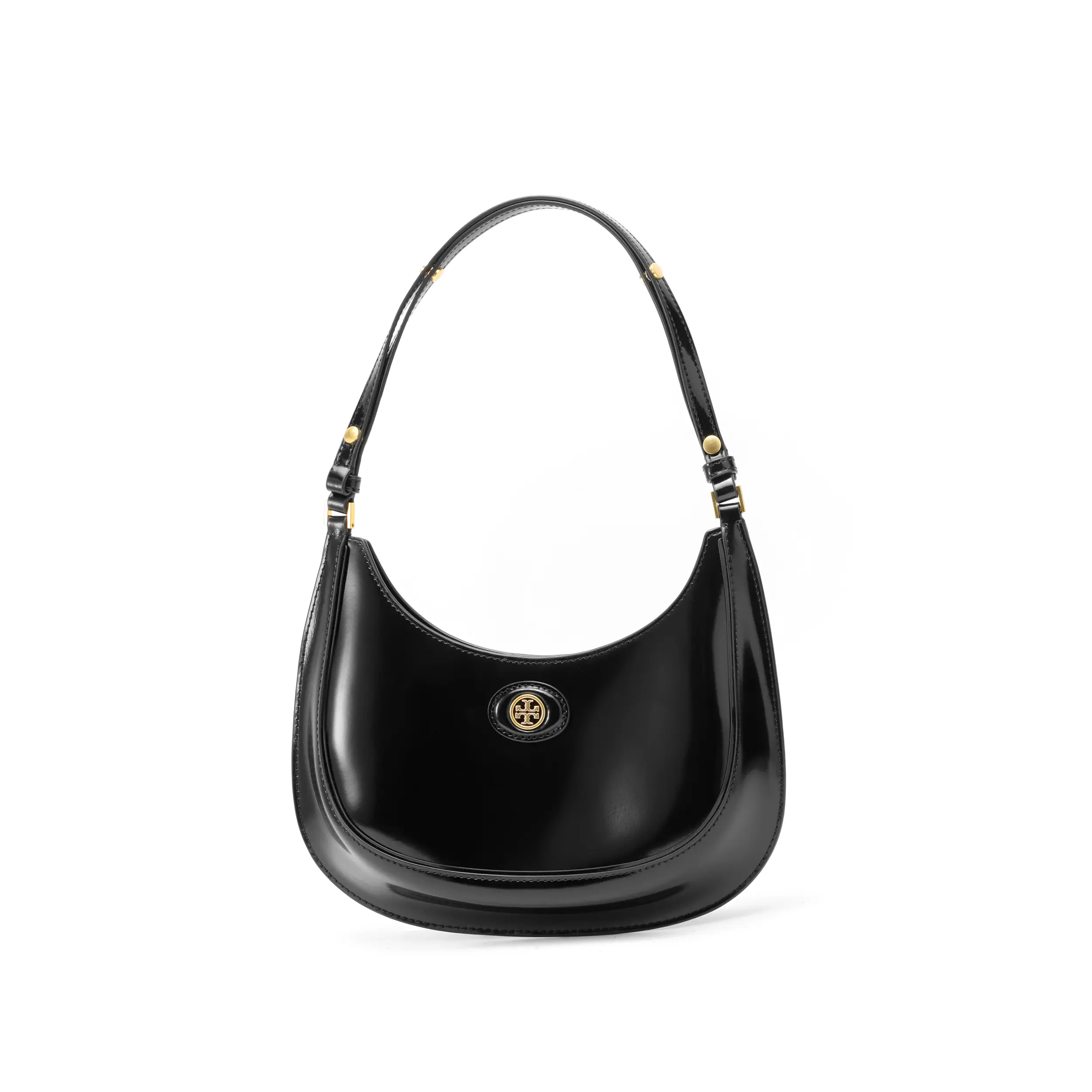 Tory Burch Robinson Magnetic Closure Adjustable Strap Leather Crossbody Bag for Women, Crescent Style, Black