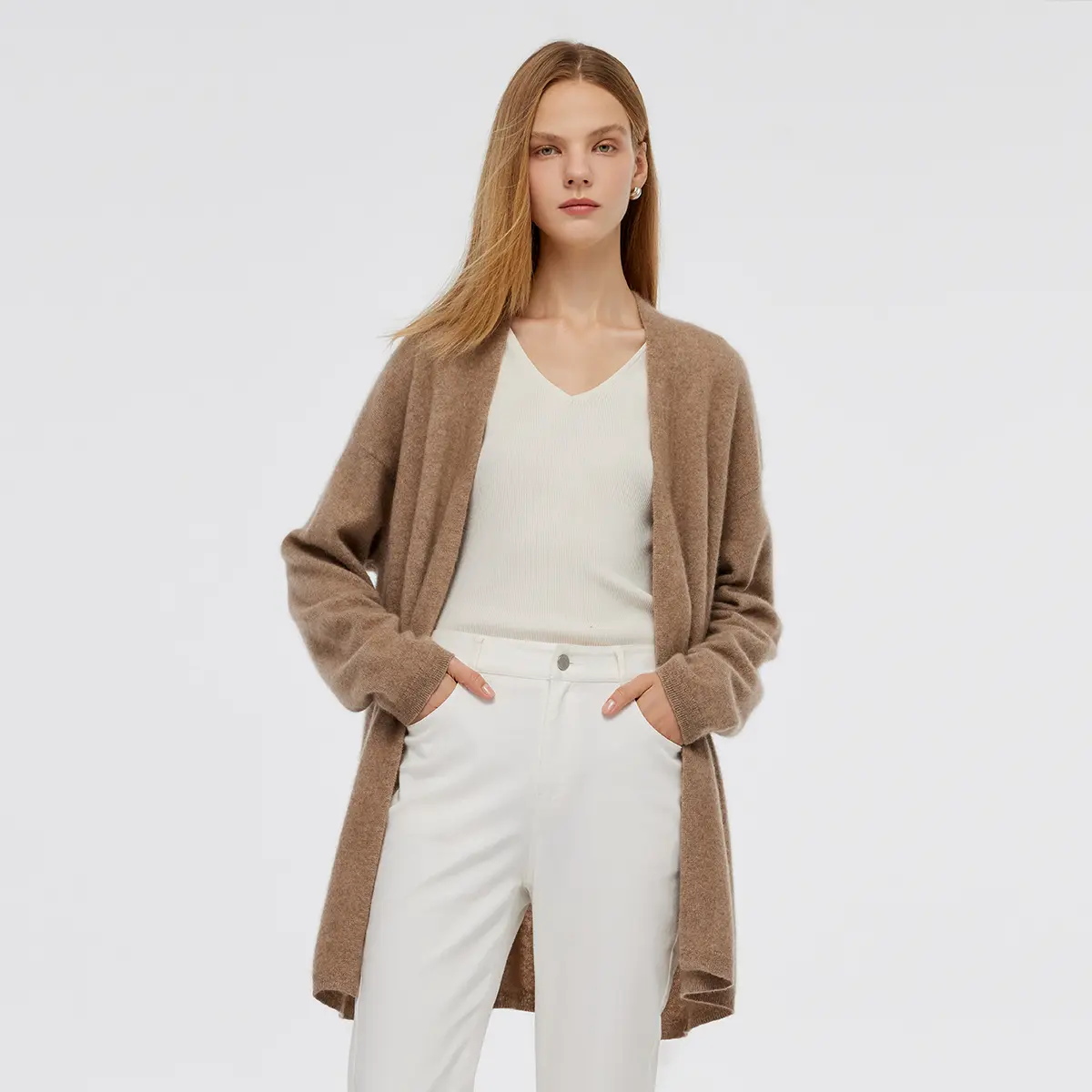 Women's Light Camel Brushed Cashmere Short Cardigan, Knitwear with Mesh Cloth, Fit & Flat Design, Lady, Basic