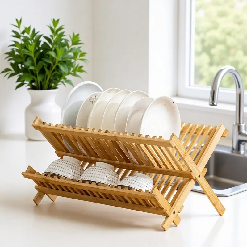 Bamboo Dish Drying Rack, 2/3 Tier Collapsible Design Wooden Dish Rack with Utensil Holder, Foldable Kitchen Countertop Dish Drainer, Space-Saving Dish Dryer Rack for Dishes, Plates, Cups And Cutlery