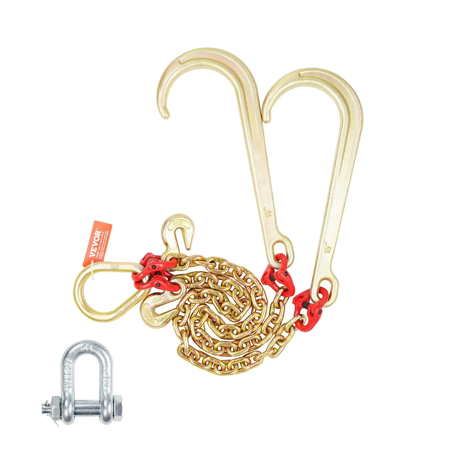 VEVOR G80 V Bridle Chain, 5/16"x 2' Towing Chain Bridle with 15" J Hooks and Grab Hooks, Heavy Duty Transport Tow Chain Bridle with 10800 lbs Safe Working Load for Flatbed Truck Wrecker Recovery