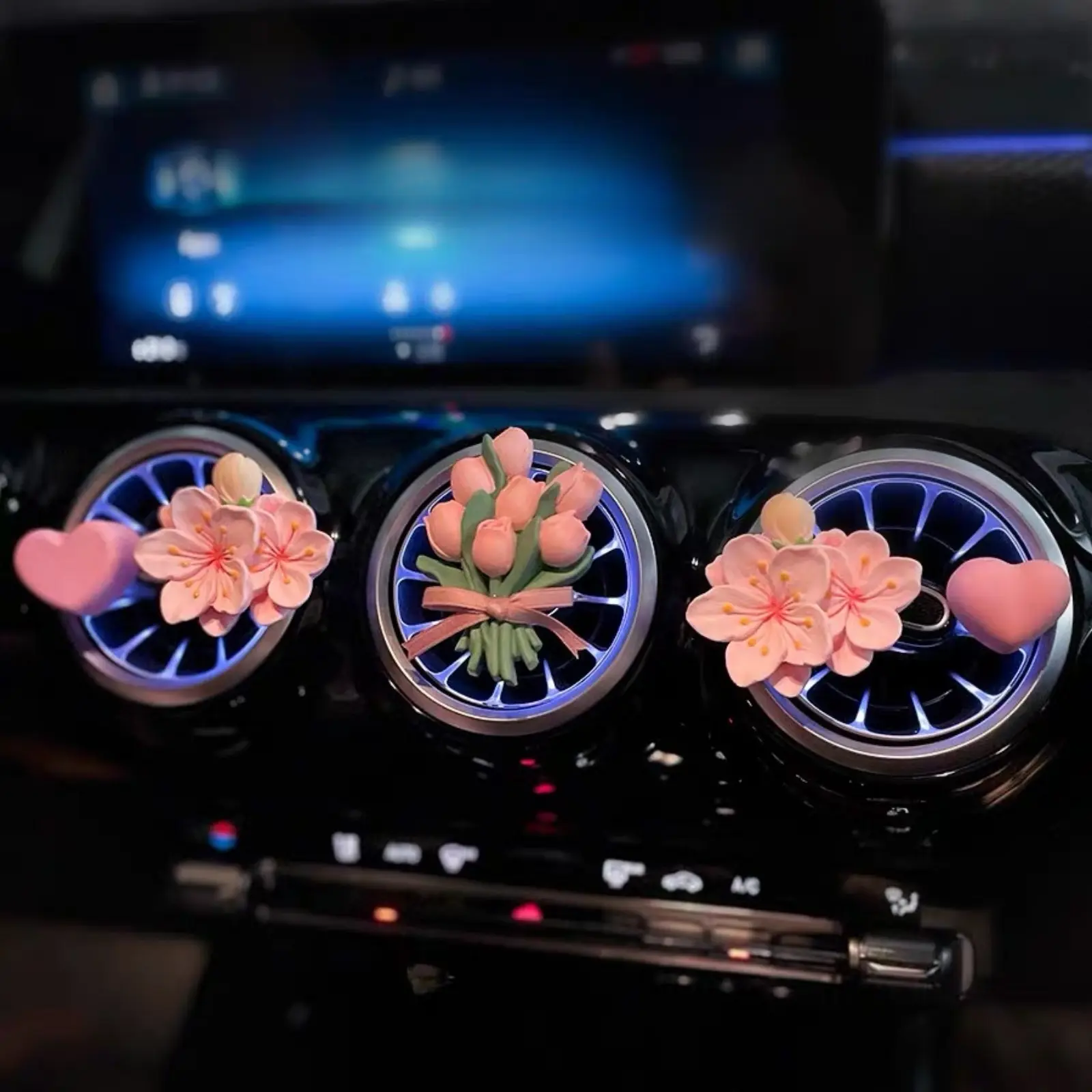 Pink Peach Blossom & Tulip Car Aroma Diffuser Stone, Air Vent Fragrance Clip Ornament, Elegant Cars Interior Decor, Portable Scent Diffuser, Romantic Auto Accessory