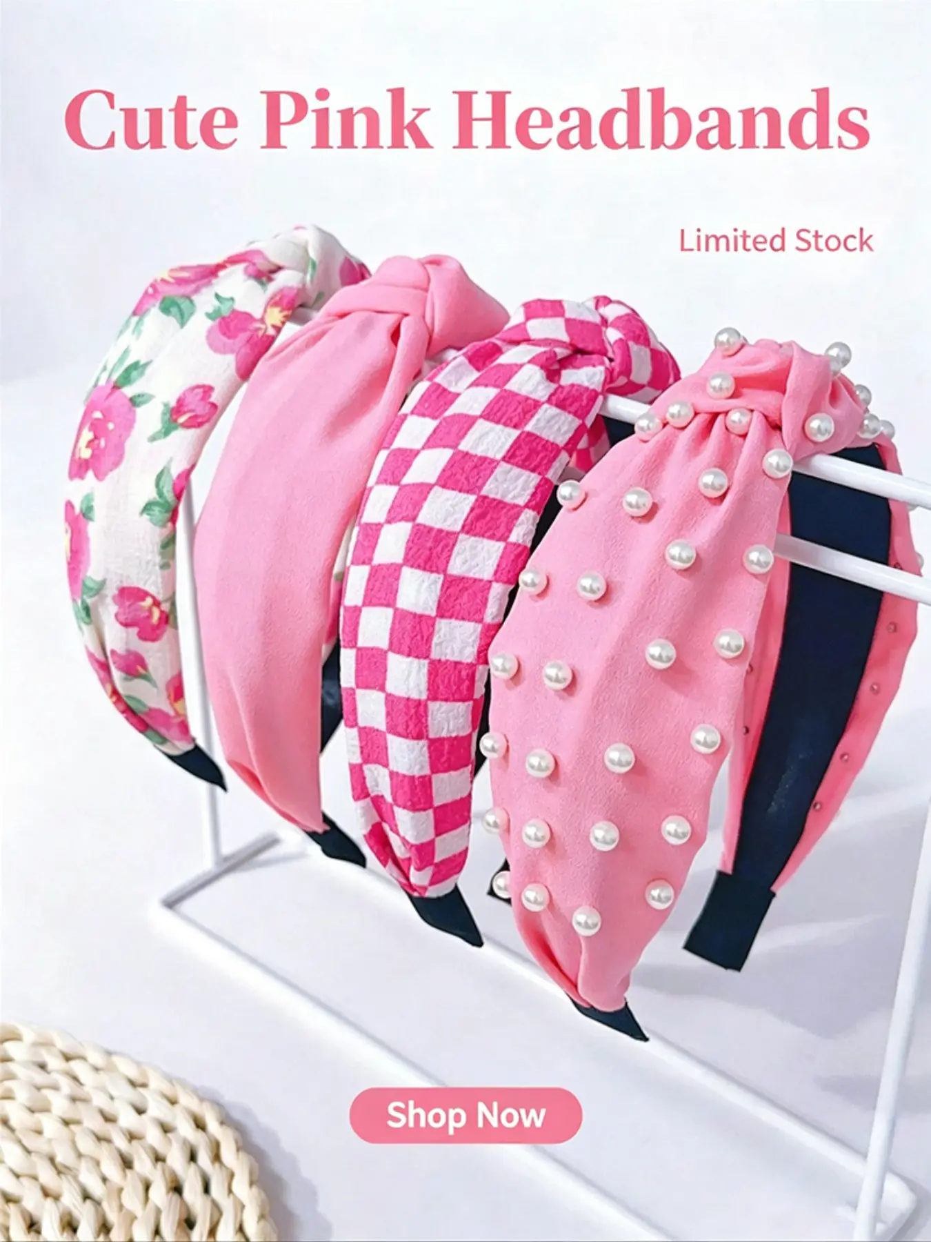 Elegant Women's Wide Set, Headbands On Forehead, Faux Pearl Fabric, Rose Plaid & Solid Colors, Floral Print Knot Design, Knotted Headband, All Seasons Wear, Chic Headbands, Fashion Hair Accessories